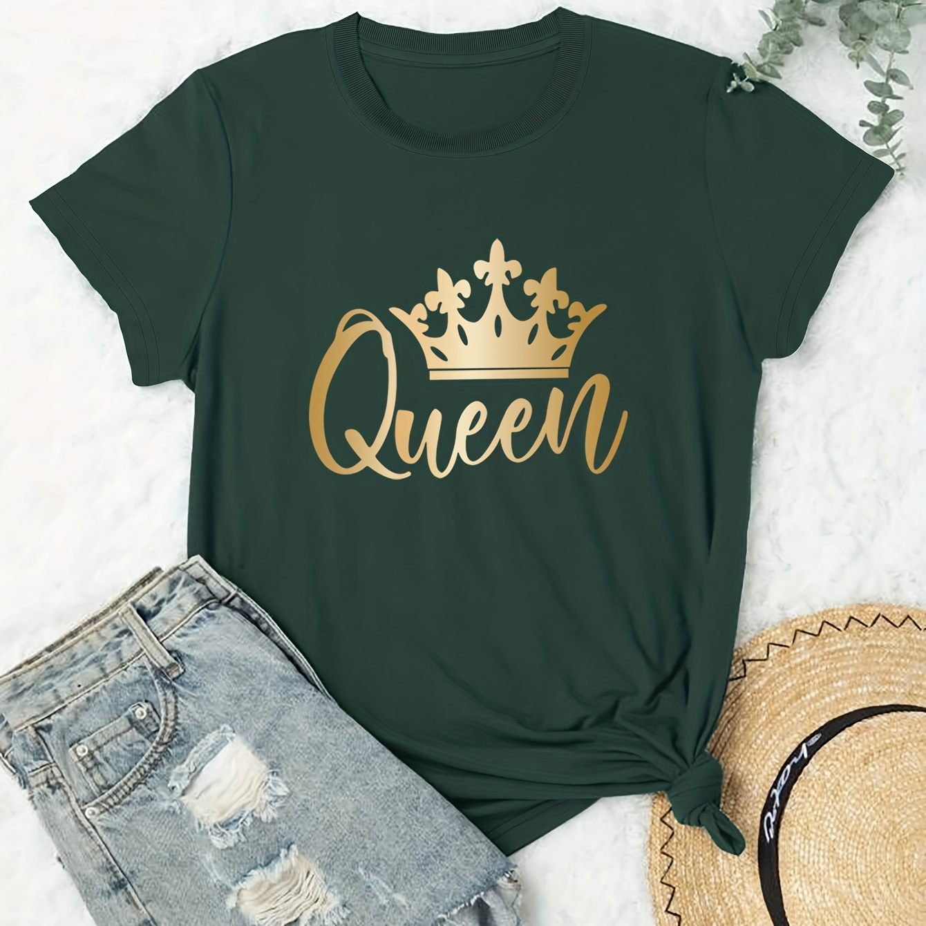 Plus Size Casual T-shirt, Women's Plus Letter & Crown Print Short Sleeve Round Neck T-shirt
Plus Size Casual T-shirt, Women's Plus Letter & Crown Print Short Sleeve Round Neck T-shirt