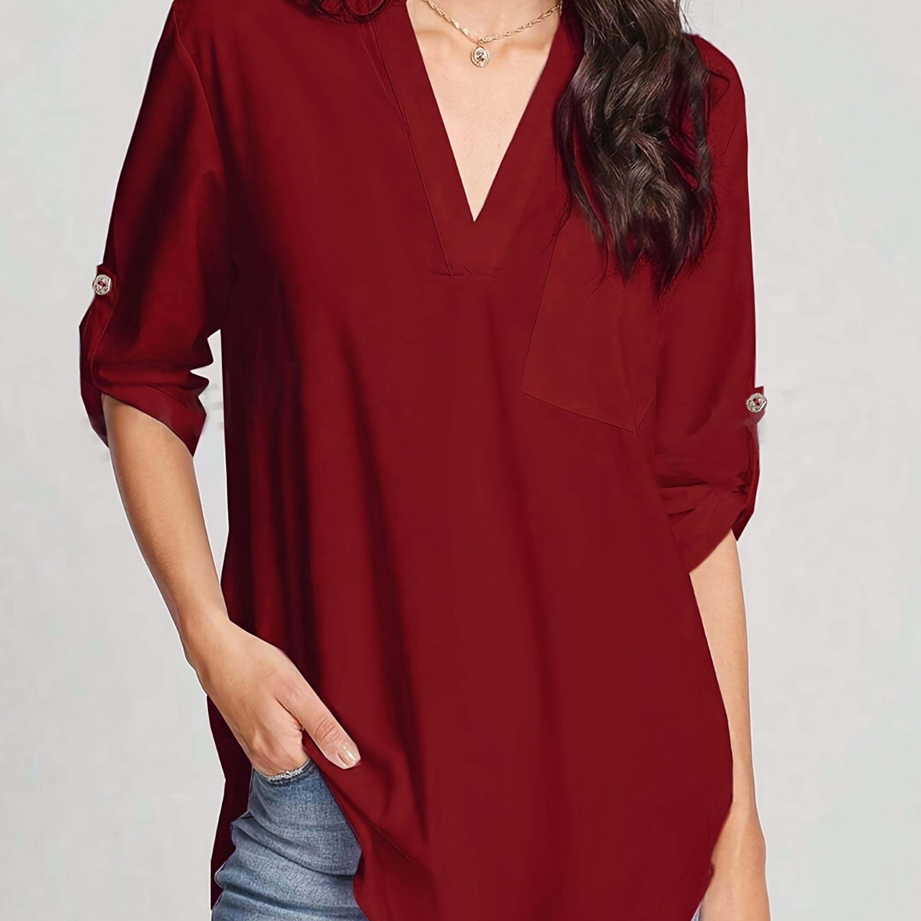 Notched Neck Pocket Solid Blouse, Elegant 3/4 Sleeve Simple Blouse For Spring & Fall, Women's Clothing
Notched Neck Pocket Solid Blouse, Elegant 3/4 Sleeve Simple Blouse For Spring & Fall, Women's Clothing