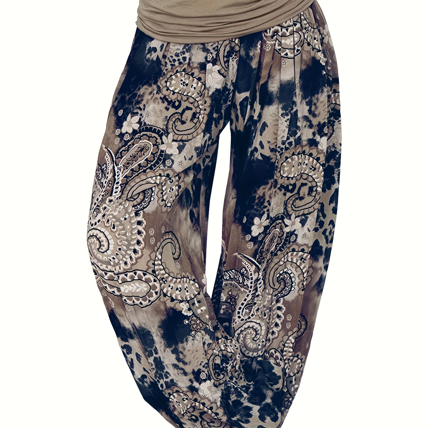 Plus Size Boho Pants, Women's Plus Paisley Print Ruched High Waist Baggy Harem Pants
Plus Size Boho Pants, Women's Plus Paisley Print Ruched High Waist Baggy Harem Pants