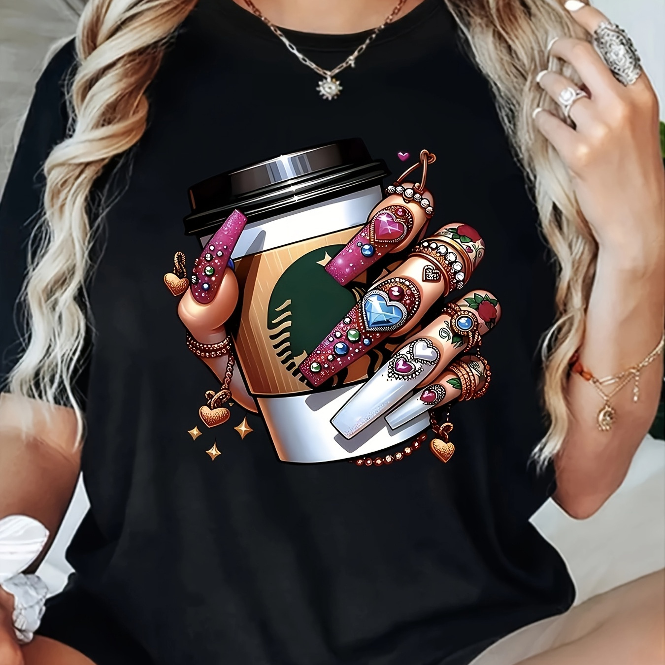 Chic Coffee & Nail Art Print T-shirt For Women - Casual Spring/summer Top, Fit, Crew Neck, Breathable Polyester
Chic Coffee & Nail Art Print T-shirt For Women - Casual Spring/summer Top, Fit, Crew Neck, Breathable Polyester