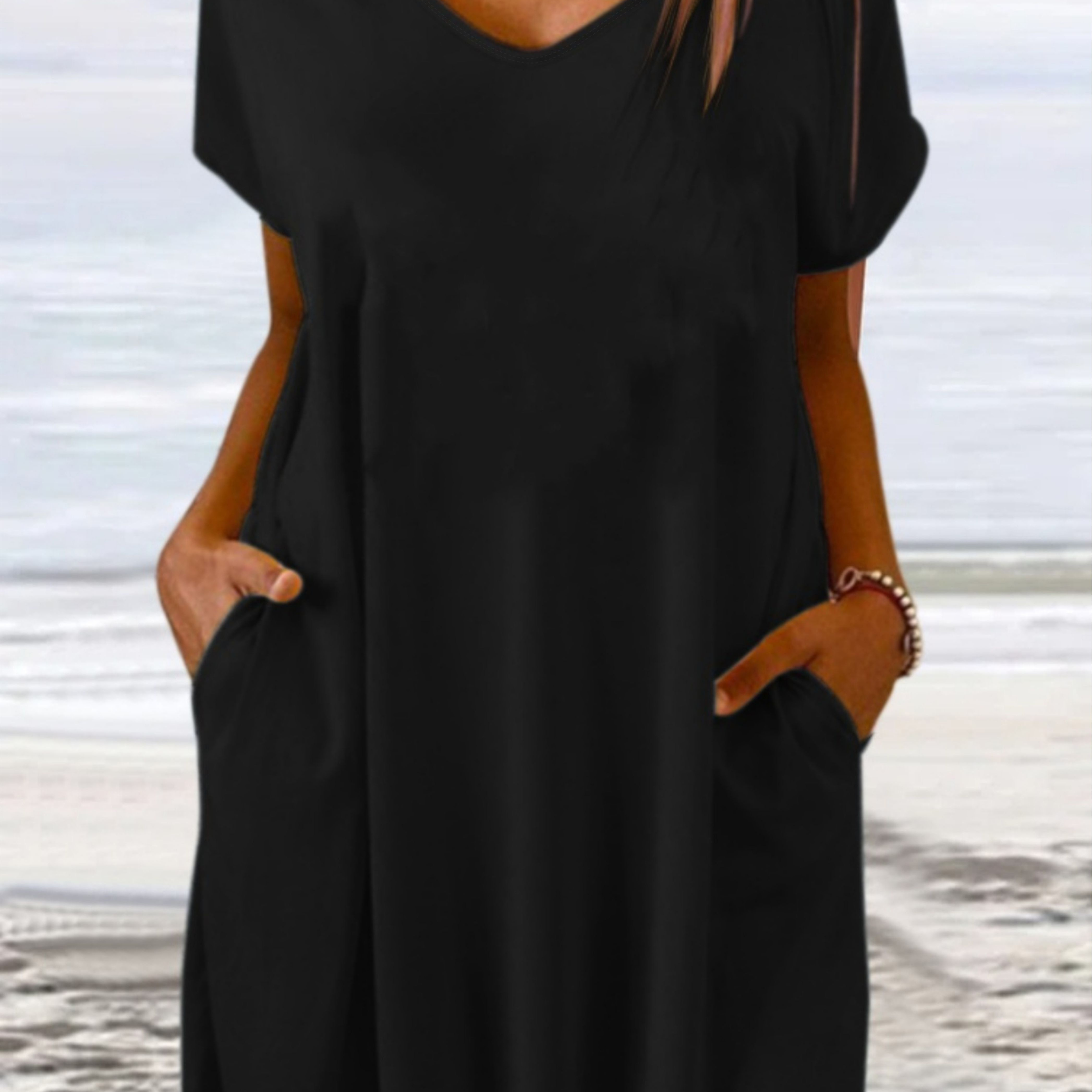 Plus Size Solid Pocket Loose Dress, Casual V Neck Short Sleeve Dress For Spring & Summer, Women's Plus Size Clothing
Plus Size Solid Pocket Loose Dress, Casual V Neck Short Sleeve Dress For Spring & Summer, Women's Plus Size Clothing