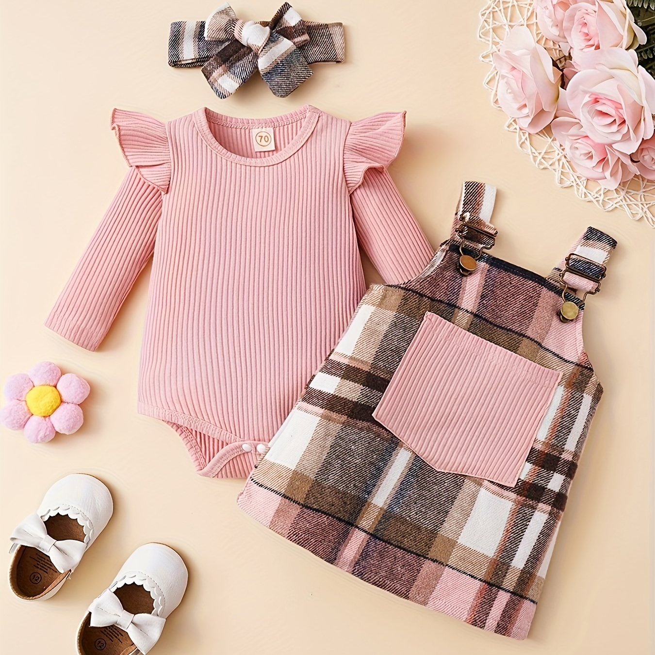 3-piece Baby Girl Autumn Solid Small Fly Sleeve Long Sleeved Jumpsuit&chest Pocket Decoration Adjustable Shoulder Strap Strap Skirt&headband Set
3-piece Baby Girl Autumn Solid Small Fly Sleeve Long Sleeved Jumpsuit&chest Pocket Decoration Adjustable Shoulder Strap Strap Skirt&headband Set