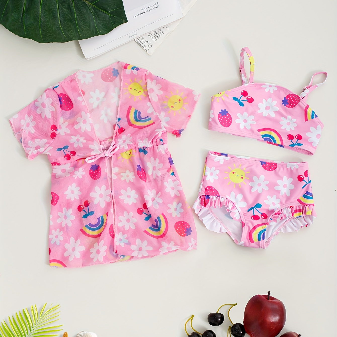 3pcs Baby's Sun Rainbow Pattern Bikini & Swimwear Cover-up Set, Quick-drying Bathing Suit, Toddler Girl's Swimsuit For Summer Beach Holiday
3pcs Baby's Sun Rainbow Pattern Bikini & Swimwear Cover-up Set, Quick-drying Bathing Suit, Toddler Girl's Swimsuit For Summer Beach Holiday