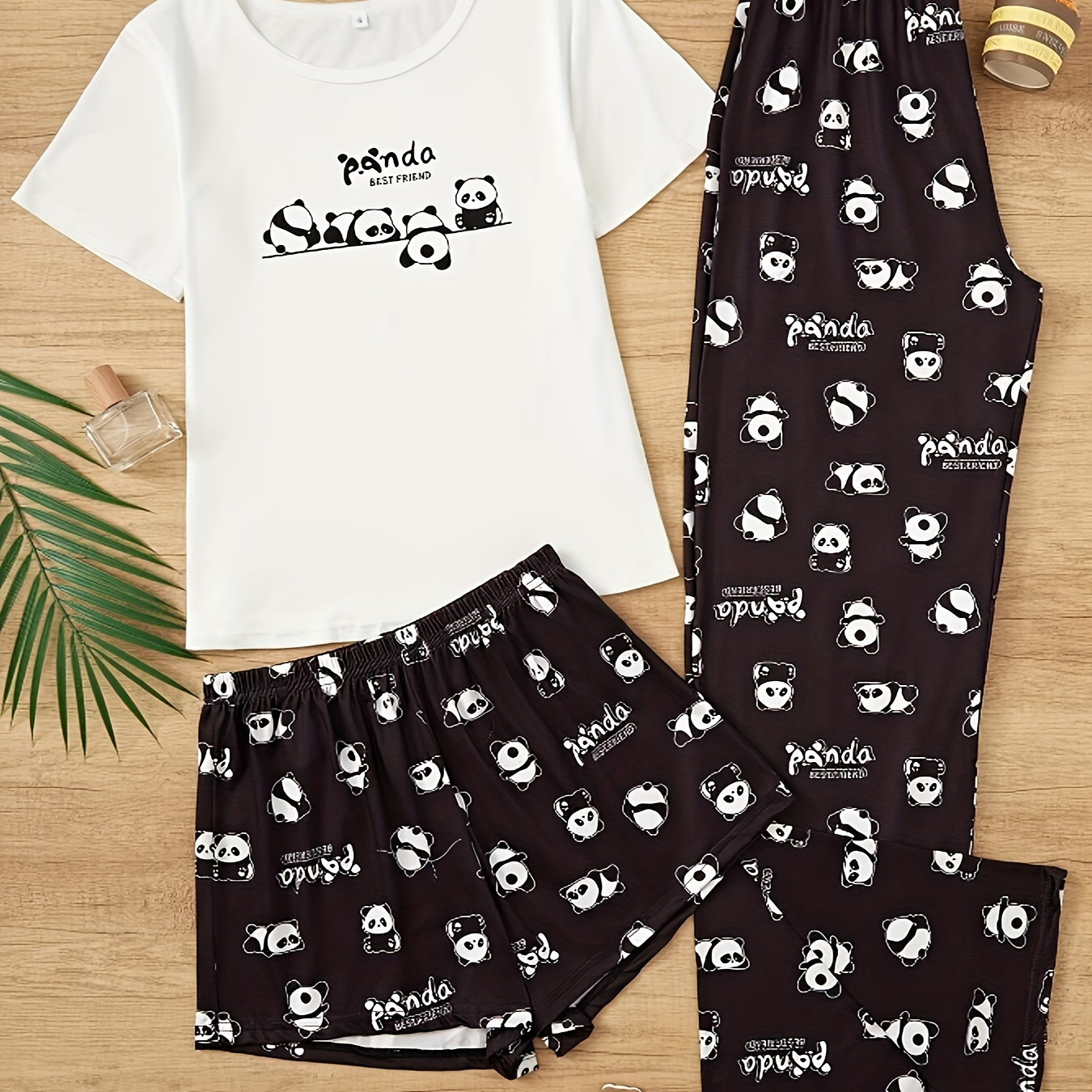 Women's Panda Print 3-piece Pajama Set, Casual Style Short Sleeve Tee With Matching Shorts And Long Pants, Comfy Sleepwear Set
Women's Panda Print 3-piece Pajama Set, Casual Style Short Sleeve Tee With Matching Shorts And Long Pants, Comfy Sleepwear Set