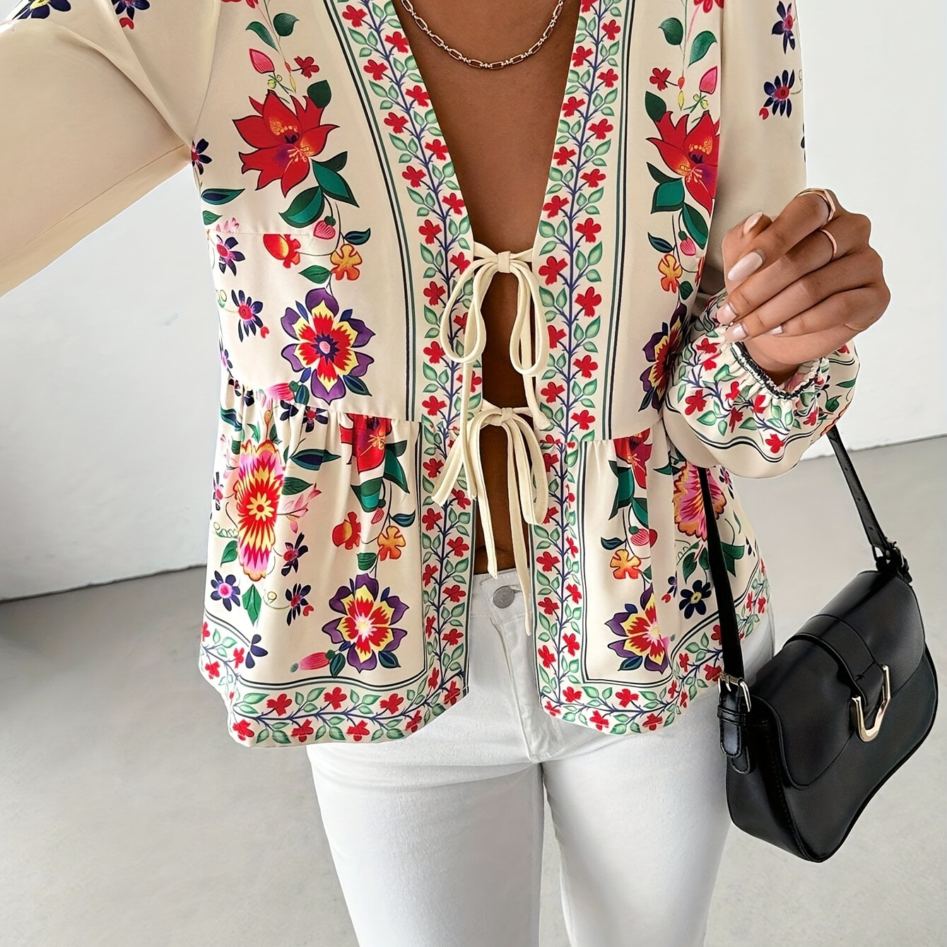 Elegant Floral Print Blouse For Women - Tie-front, Long Sleeve, V-neck Top, Machine Washable - Spring/summer/fall
Elegant Floral Print Blouse For Women - Tie-front, Long Sleeve, V-neck Top, Machine Washable - Spring/summer/fall