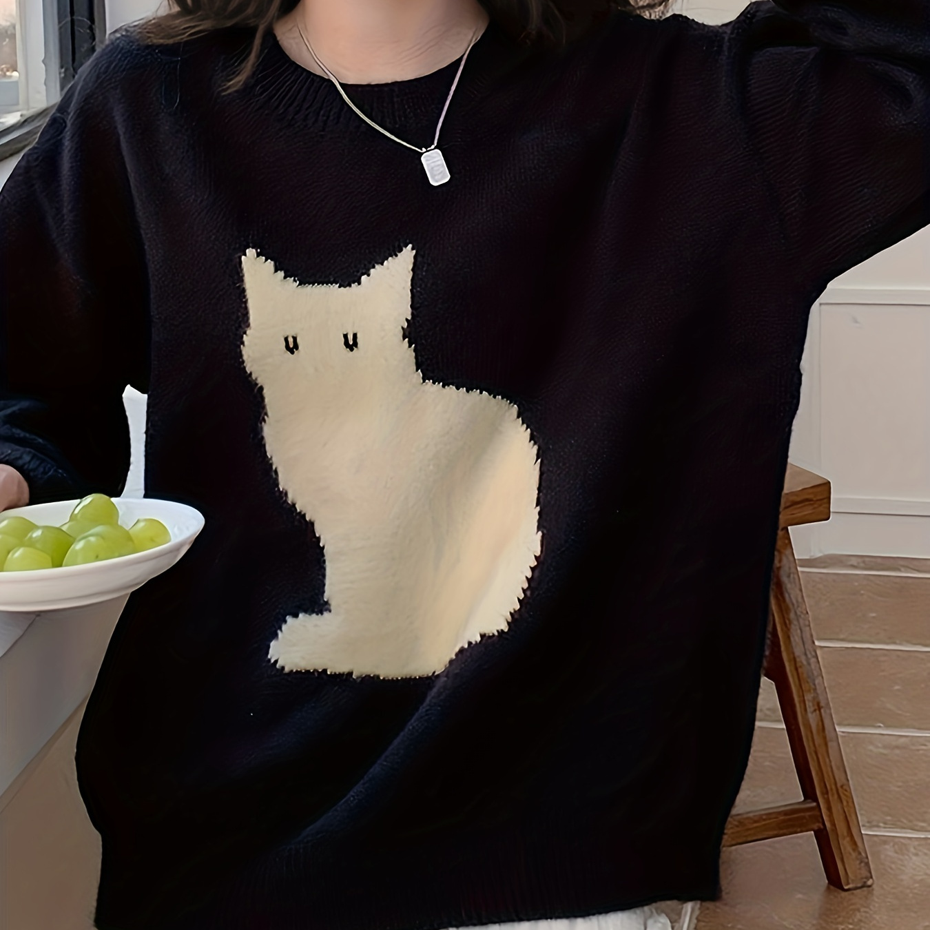 Cute Cat Pattern Pullover Sweater, Casual Crew Neck Long Sleeve Loose Sweater, Women's Clothing
Cute Cat Pattern Pullover Sweater, Casual Crew Neck Long Sleeve Loose Sweater, Women's Clothing