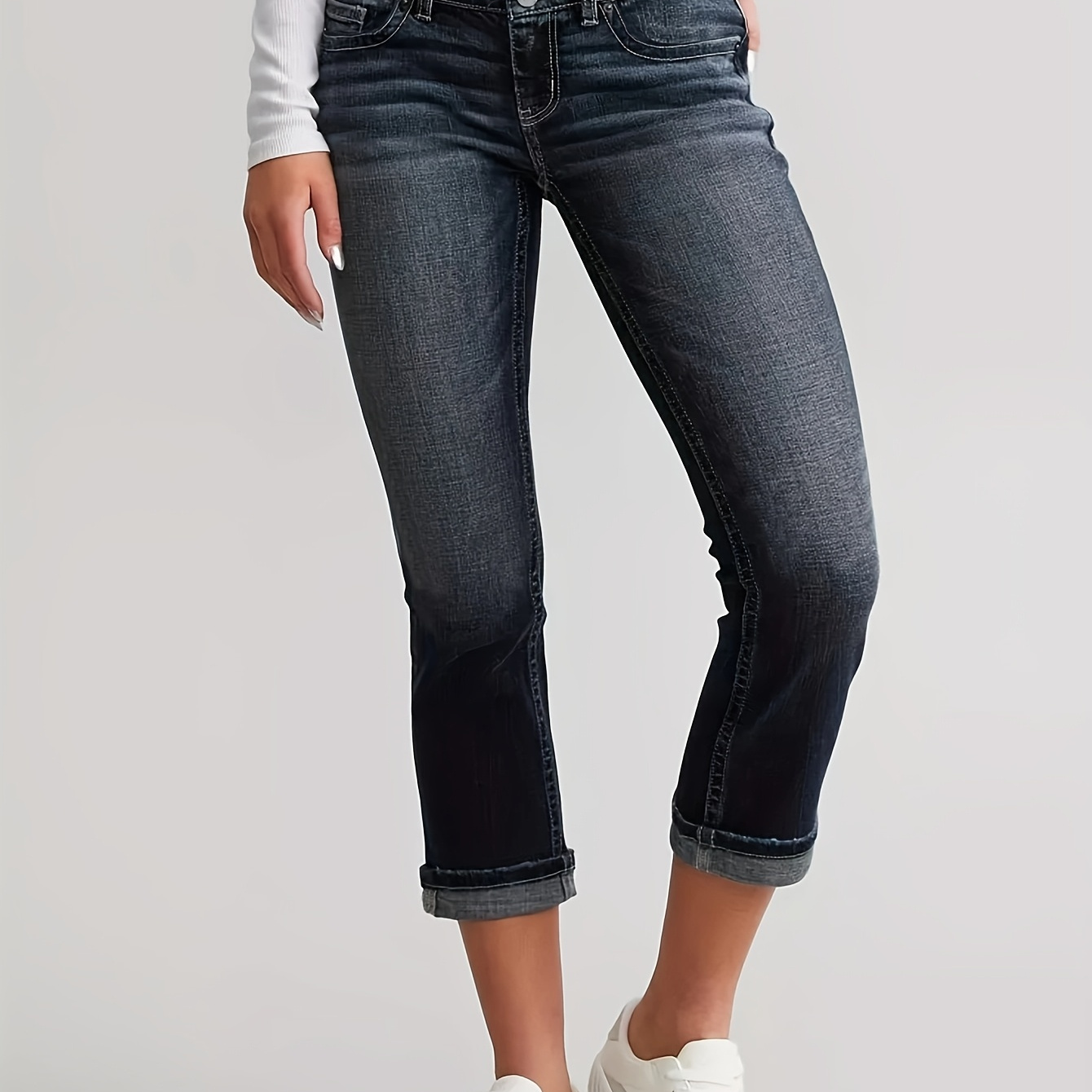 Women's Vintage Capri Jeans, Mid-waist Skinny Fit, 3/4 Length, Summer Casual Acrylic Blend With Polyester & Elastane, Solid Color, Button Detail, Medium Stretch Fabric, Woven, 380g/m² -
Women's Vintage Capri Jeans, Mid-waist Skinny Fit, 3/4 Length, Summer Casual Acrylic Blend With Polyester & Elastane, Solid Color, Button Detail, Medium Stretch Fabric, Woven, 380g/m² -