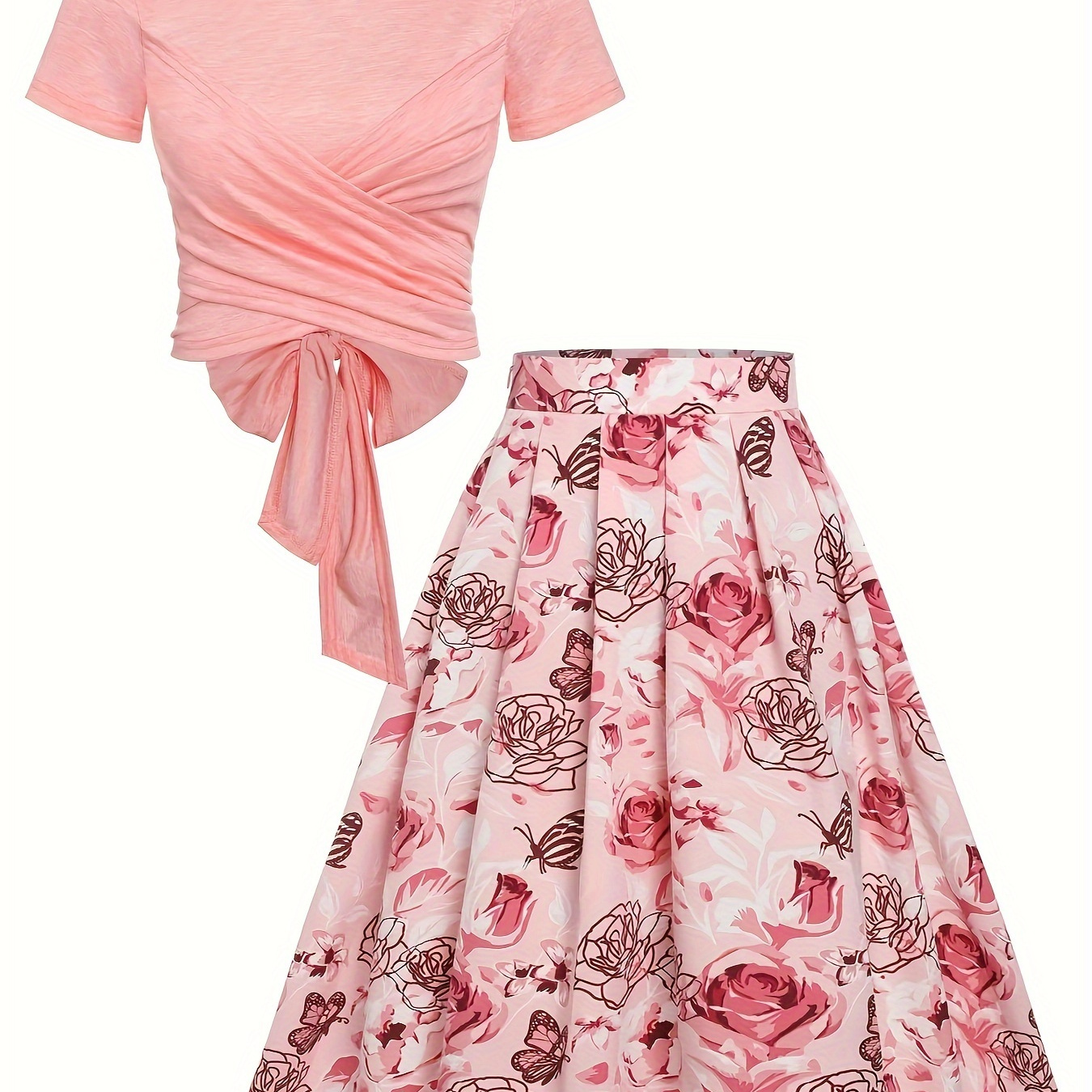 Floral Print Elegant Skirt Suit, Crew Neck Short Sleeve Cross Front Knot Top & Pleated A-line Skirt Outfits, Women's Clothing
Floral Print Elegant Skirt Suit, Crew Neck Short Sleeve Cross Front Knot Top & Pleated A-line Skirt Outfits, Women's Clothing