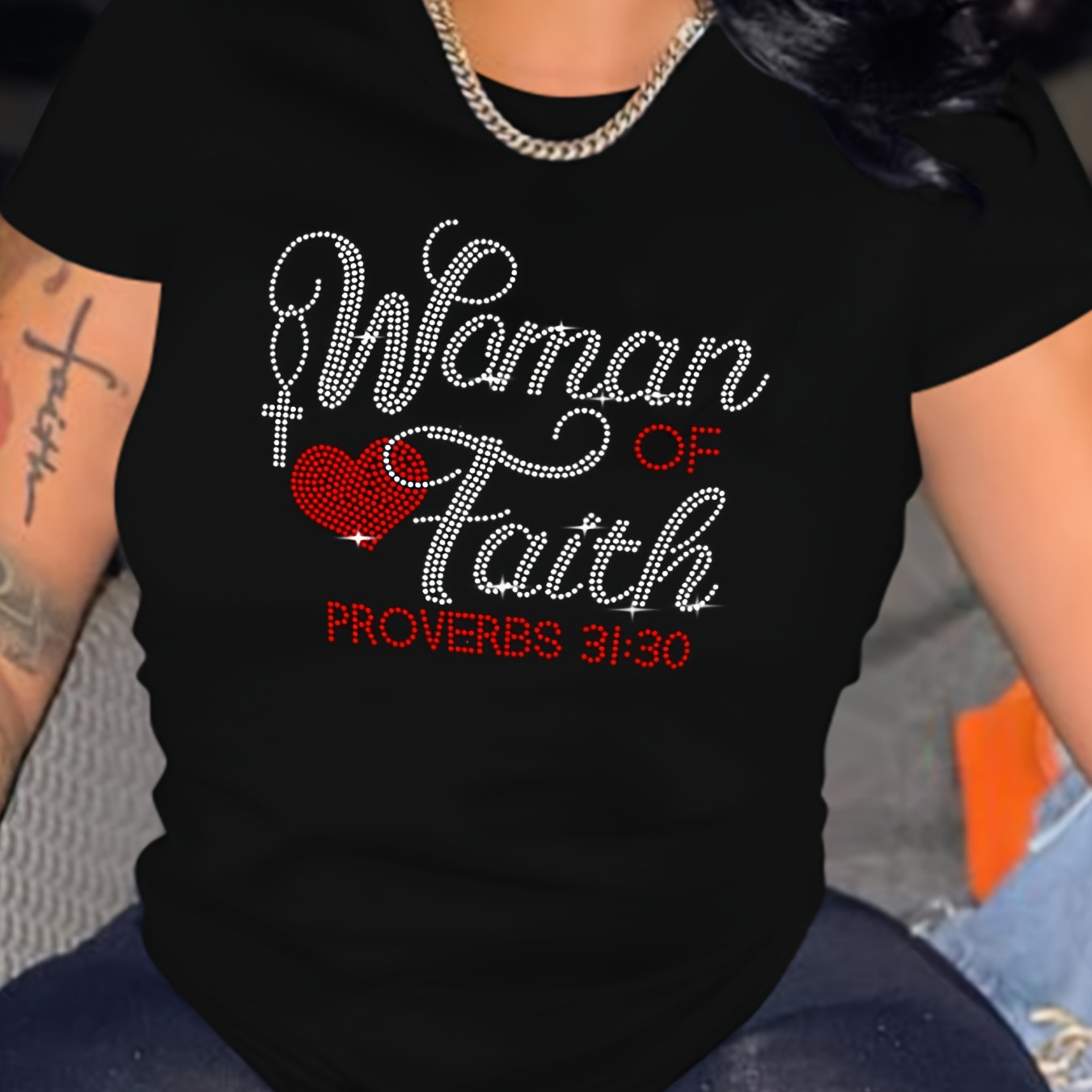 Plus Size Casual T-shirt, Women's Plus Rhinestone Letter & Heart Short Sleeve Round Neck Medium Stretch T-shirt
Plus Size Casual T-shirt, Women's Plus Rhinestone Letter & Heart Short Sleeve Round Neck Medium Stretch T-shirt