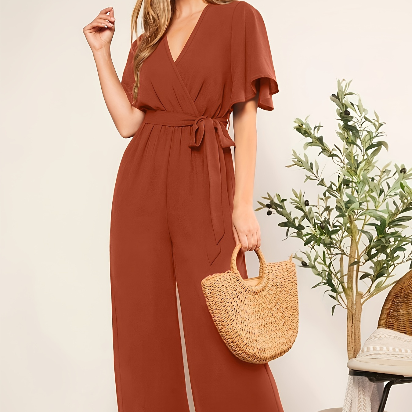 Solid Color Wide Leg Jumpsuit, Elegant Criss Cross Neck Short Sleeve Jumpsuit For Spring & Summer, Women's Clothing
Solid Color Wide Leg Jumpsuit, Elegant Criss Cross Neck Short Sleeve Jumpsuit For Spring & Summer, Women's Clothing