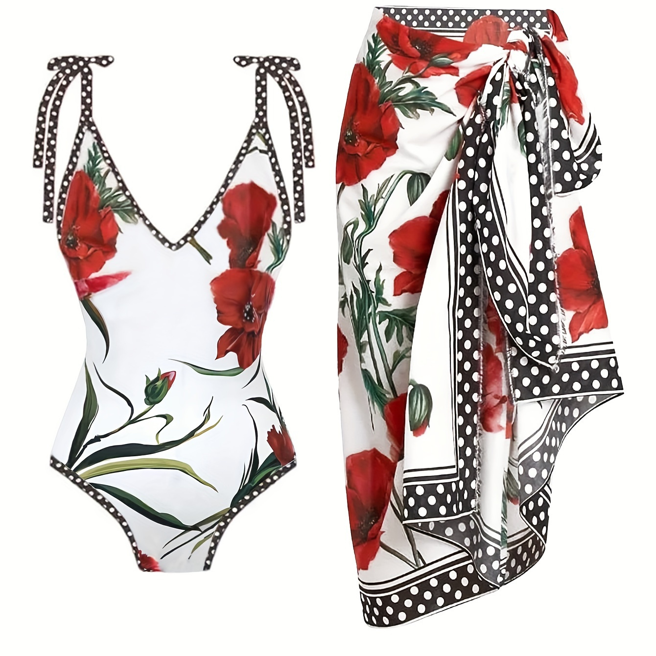Floral Pattern 2 Piece Swimsuits, Bow Tie Shoulder Straps V Neck One-piece Bathing-suit & Cover Up Skirt, Women's Swimwear & Clothing For Holiday
Floral Pattern 2 Piece Swimsuits, Bow Tie Shoulder Straps V Neck One-piece Bathing-suit & Cover Up Skirt, Women's Swimwear & Clothing For Holiday