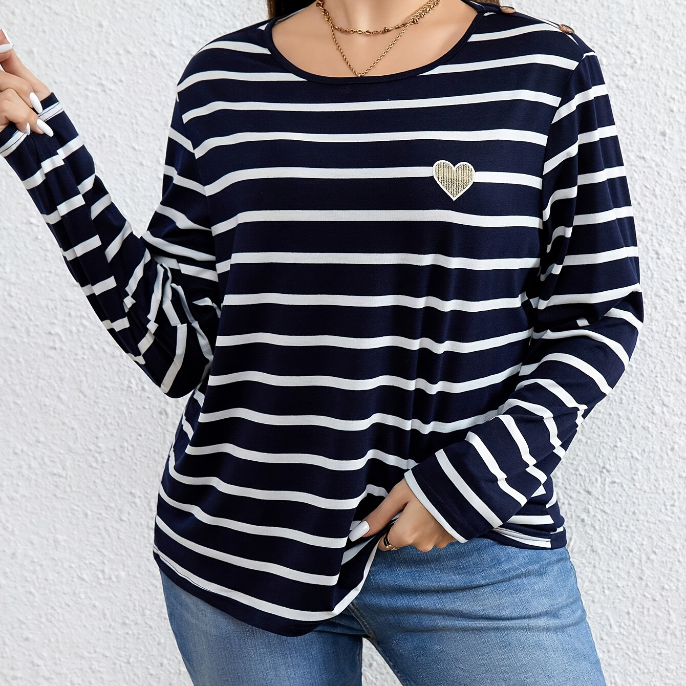 Plus Size Chic French Women's Striped T-shirt Embroidery - Casual Long Sleeve, Round Neck, Stretchy Polyester , Machine Washable - Navy & White, Plus Size Blouses
Plus Size Chic French Women's Striped T-shirt Embroidery - Casual Long Sleeve, Round Neck, Stretchy Polyester , Machine Washable - Navy & White, Plus Size Blouses