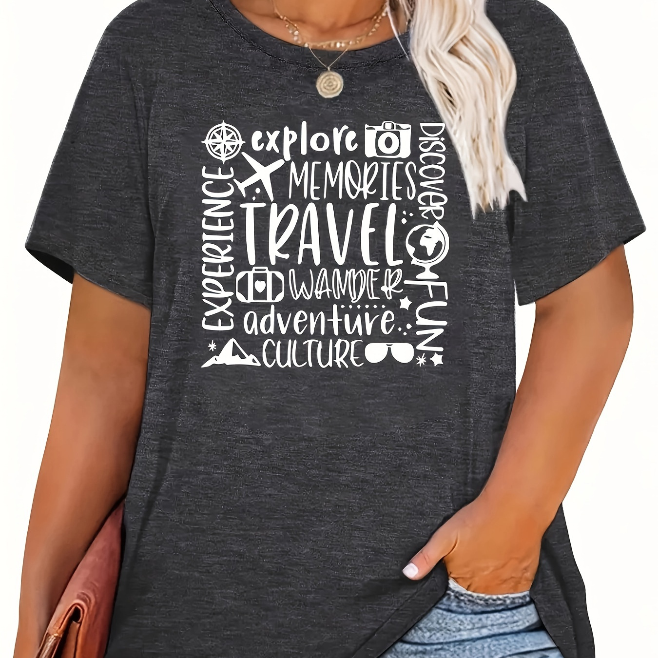 Plus Size Travel Letter Print T-shirt, Casual Crew Neck Short Sleeve T-shirt, Women's Plus Size clothing
Plus Size Travel Letter Print T-shirt, Casual Crew Neck Short Sleeve T-shirt, Women's Plus Size clothing