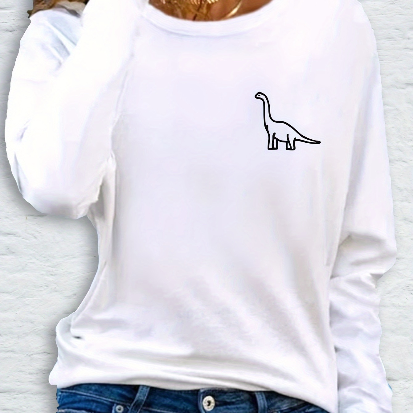 Women's Long Sleeve T-shirt, Casual Round Neck, Regular Fit, Cartoon Dinosaur Print, Polyester Knit Fabric, Long Sleeve, Regular Sleeve, No Padding, Autumn Fashion Top
Women's Long Sleeve T-shirt, Casual Round Neck, Regular Fit, Cartoon Dinosaur Print, Polyester Knit Fabric, Long Sleeve, Regular Sleeve, No Padding, Autumn Fashion Top