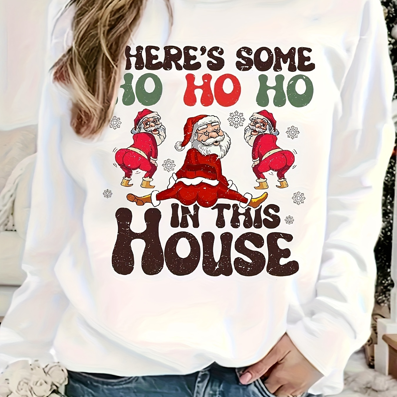 Plus Size Christmas Casual Sweatshirt, Women's Plus Funny Santa Claus & Letter Print Long Sleeve Round Neck Slight Stretch Pullover Top
Plus Size Christmas Casual Sweatshirt, Women's Plus Funny Santa Claus & Letter Print Long Sleeve Round Neck Slight Stretch Pullover Top