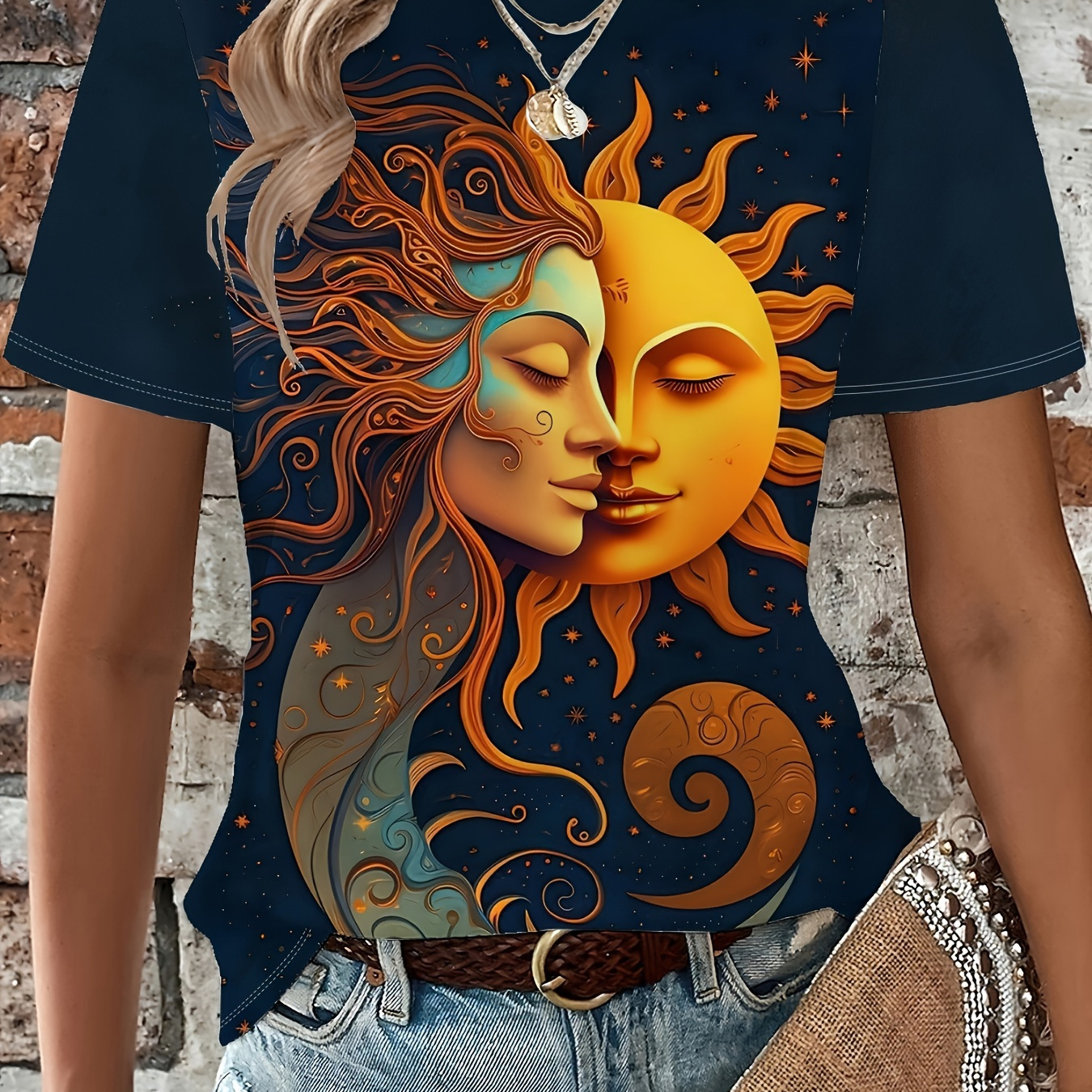 Sun & Moon Print Crew Neck T-shirt, Short Sleeve Casual Top For Spring & Summer, Women's Clothing
Sun & Moon Print Crew Neck T-shirt, Short Sleeve Casual Top For Spring & Summer, Women's Clothing