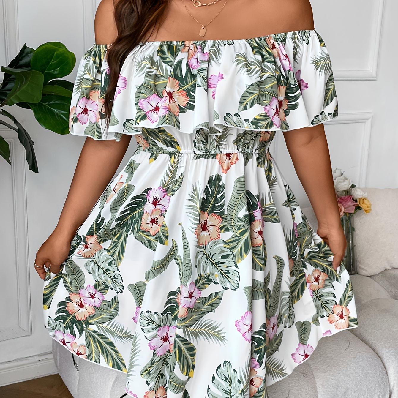 Plus Size Flower & Leaf Print Dress, Casual Off Shoulder Short Sleeve Dress For Spring & Summer, Women's Plus Size Clothing
Plus Size Flower & Leaf Print Dress, Casual Off Shoulder Short Sleeve Dress For Spring & Summer, Women's Plus Size Clothing