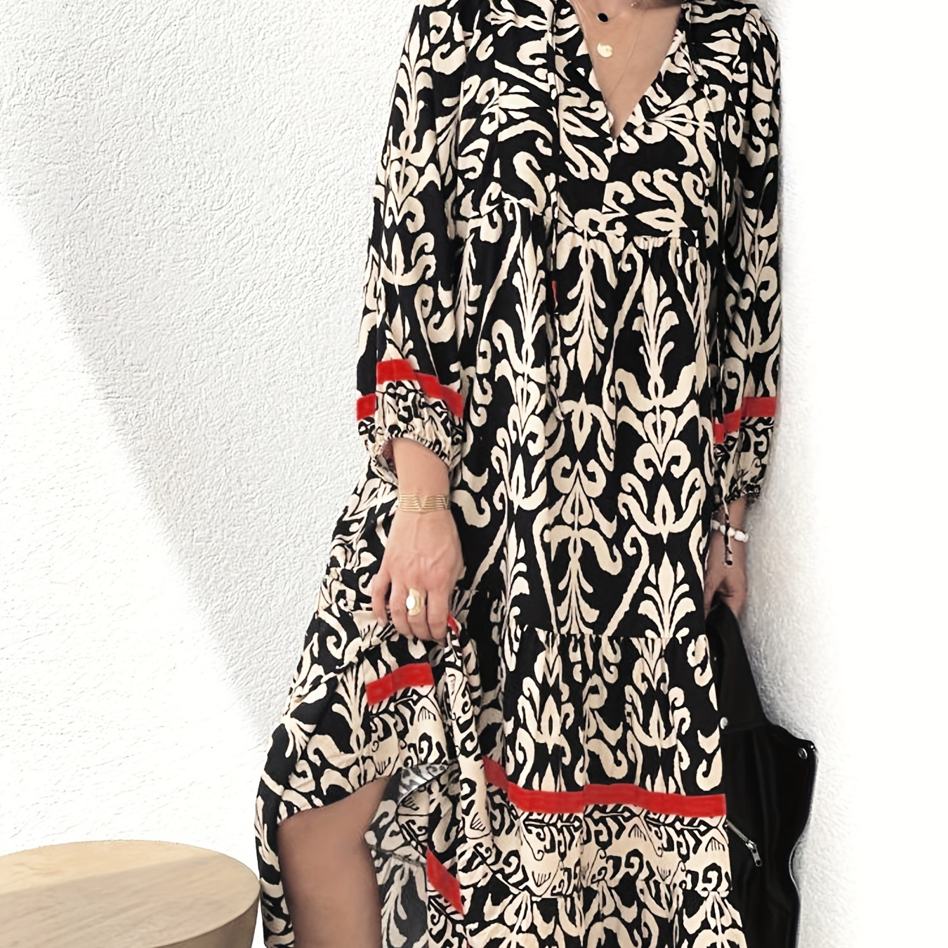 Women's Chic Floral Maxi Dress - V-neck, Long Sleeve, Loose Khaki With Red Trim - Lightweight Polyester For Spring/summer Casual & Outdoor Wear
Women's Chic Floral Maxi Dress - V-neck, Long Sleeve, Loose Khaki With Red Trim - Lightweight Polyester For Spring/summer Casual & Outdoor Wear