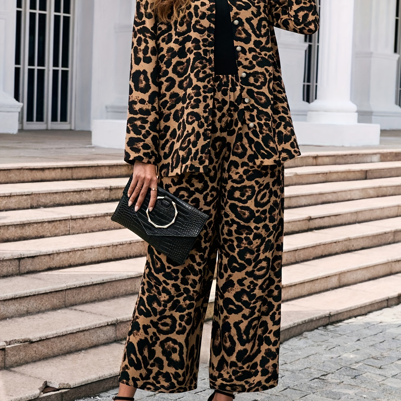 Leopard Print Stylish Pantsuits, Long Sleeve Button Front Shirt & High Waist Wide Leg Pocket Pants Outfits, Women's Clothing
Leopard Print Stylish Pantsuits, Long Sleeve Button Front Shirt & High Waist Wide Leg Pocket Pants Outfits, Women's Clothing