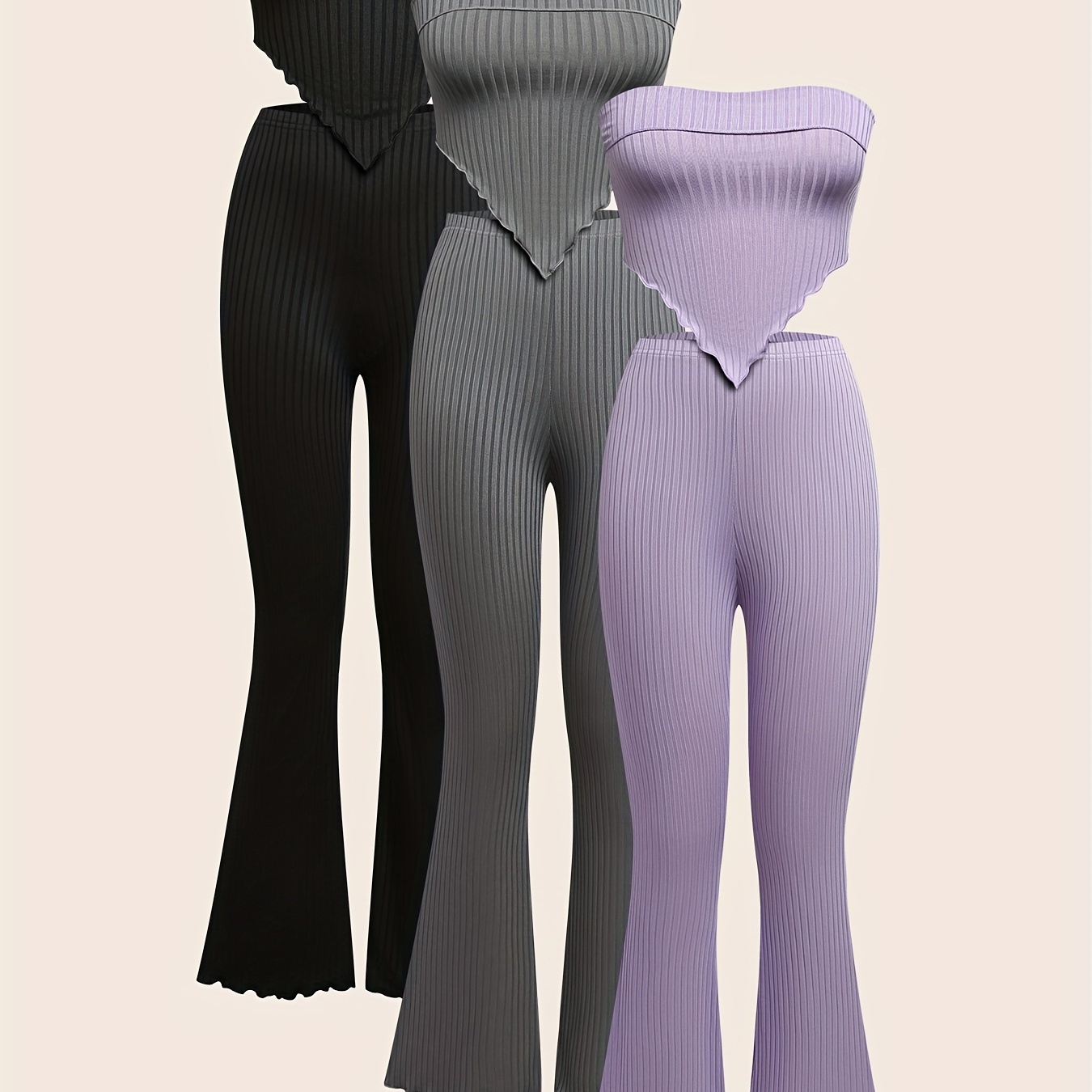 3 Pack Solid Color Hanky Hem 2 Piece, Backless Slim Bandeau Top & Flare Leg Pants, Women's Clothing
3 Pack Solid Color Hanky Hem 2 Piece, Backless Slim Bandeau Top & Flare Leg Pants, Women's Clothing
