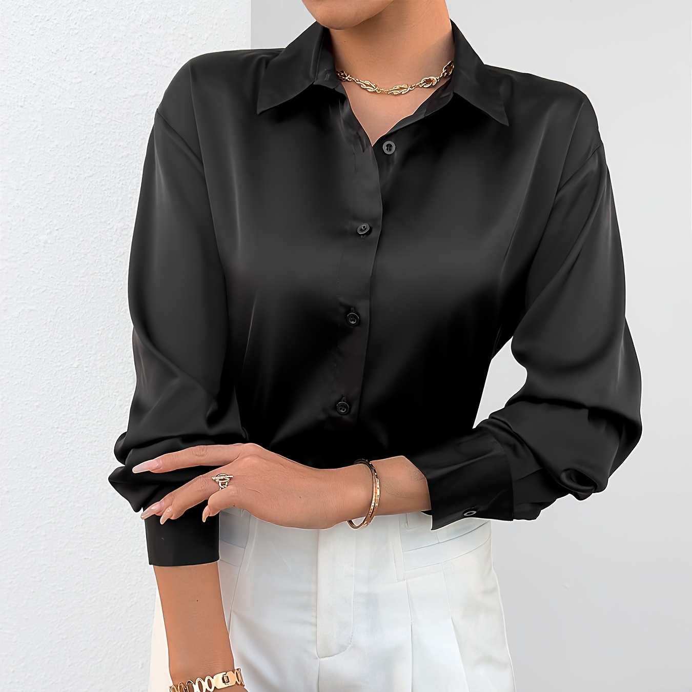 Solid Button Front Simple Shirt, Elegant Long Sleeve Shirt For Spring & Fall, Women's Clothing
Solid Button Front Simple Shirt, Elegant Long Sleeve Shirt For Spring & Fall, Women's Clothing