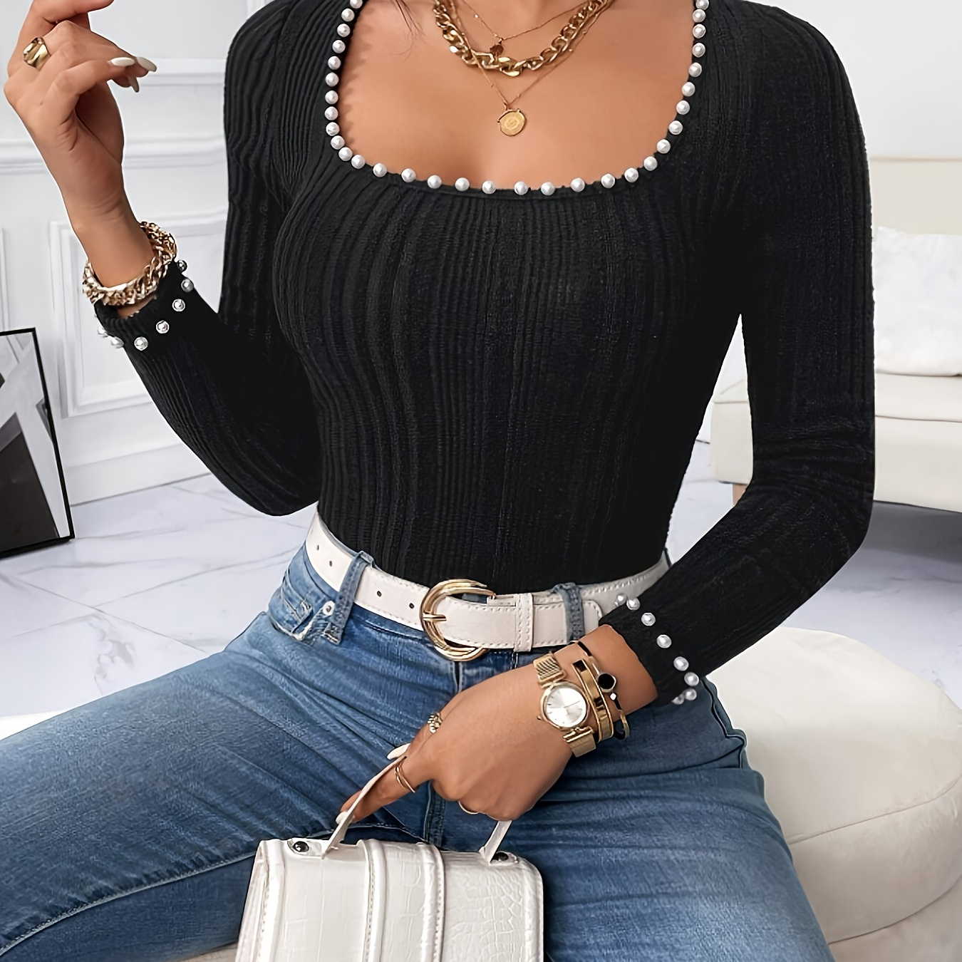 Beaded Square Neck T-shirt, Elegant Long Sleeve Slim Top For Spring & Fall, Women's Clothing
Beaded Square Neck T-shirt, Elegant Long Sleeve Slim Top For Spring & Fall, Women's Clothing