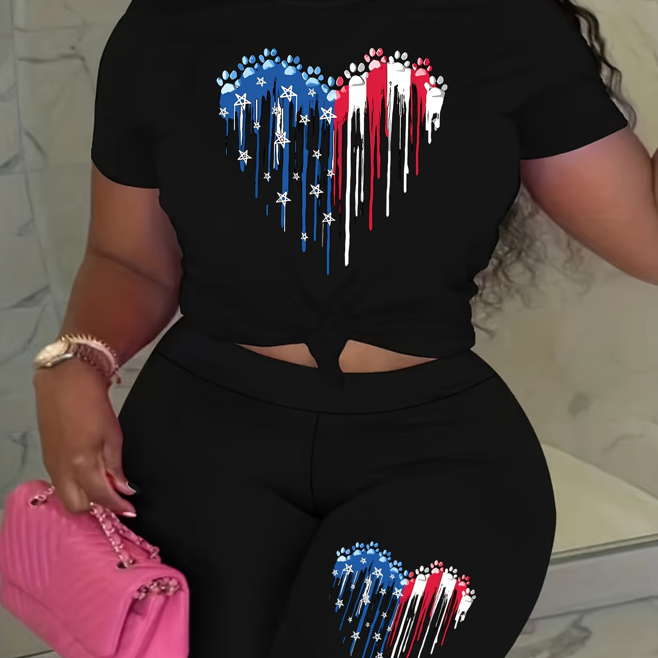 Plus Size Heart Shaped Flag Print Biker Shorts Set, Short Sleeve Crew Neck T-shirt & Biker Shorts, Women's Plus Size Clothing
Plus Size Heart Shaped Flag Print Biker Shorts Set, Short Sleeve Crew Neck T-shirt & Biker Shorts, Women's Plus Size Clothing