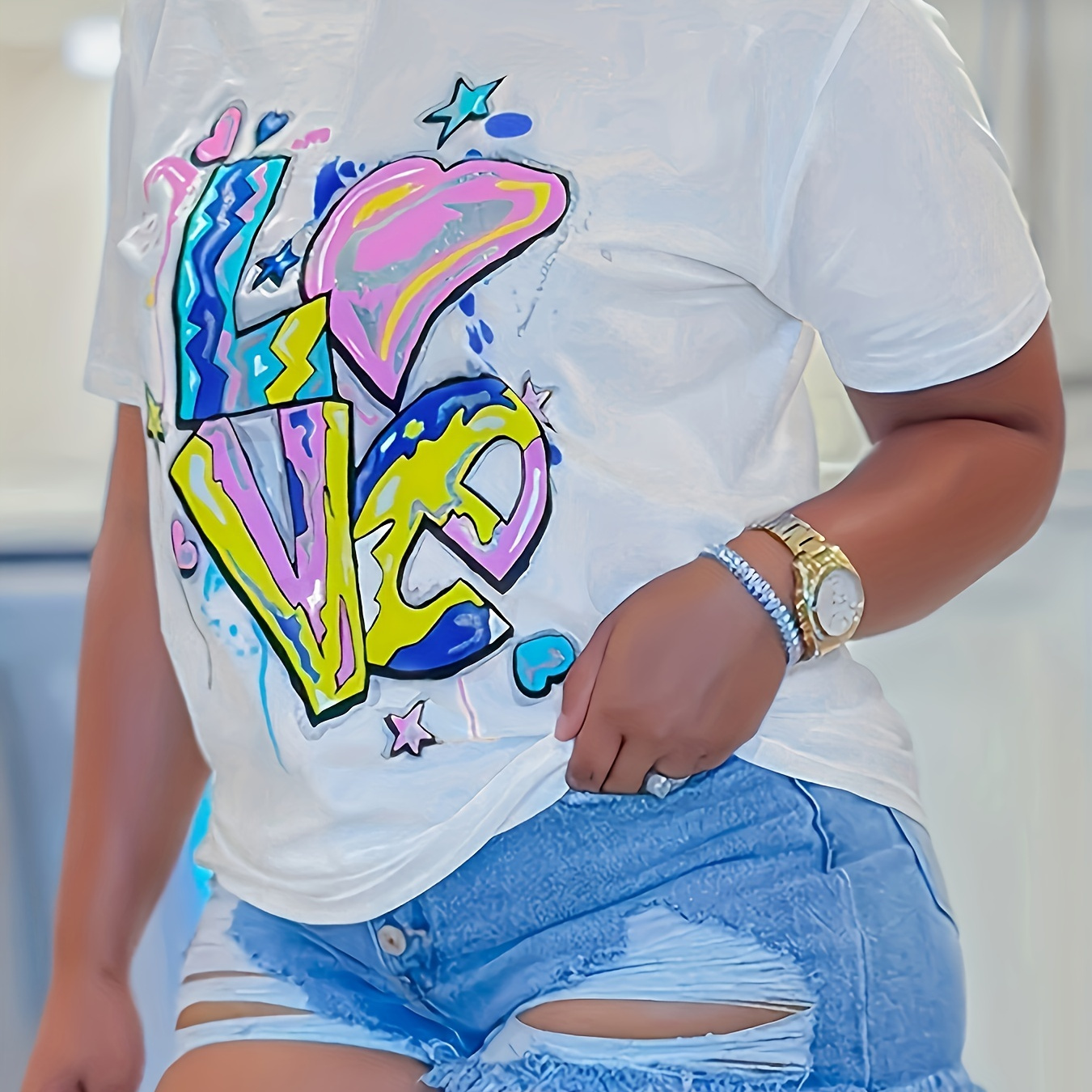 Plus Size Casual T-shirt, Women's Plus Letter & Heart Print Short Sleeve Crew Neck Slight Stretch Top
Plus Size Casual T-shirt, Women's Plus Letter & Heart Print Short Sleeve Crew Neck Slight Stretch Top