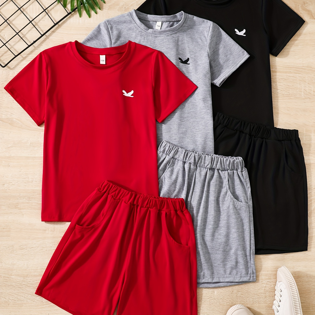 Casual Outfit Set For Boys, 3-pack Shorts And T-shirts Combo In Red, Grey, Black With Graphic Print, Summer Short Sleeve
Casual Outfit Set For Boys, 3-pack Shorts And T-shirts Combo In Red, Grey, Black With Graphic Print, Summer Short Sleeve