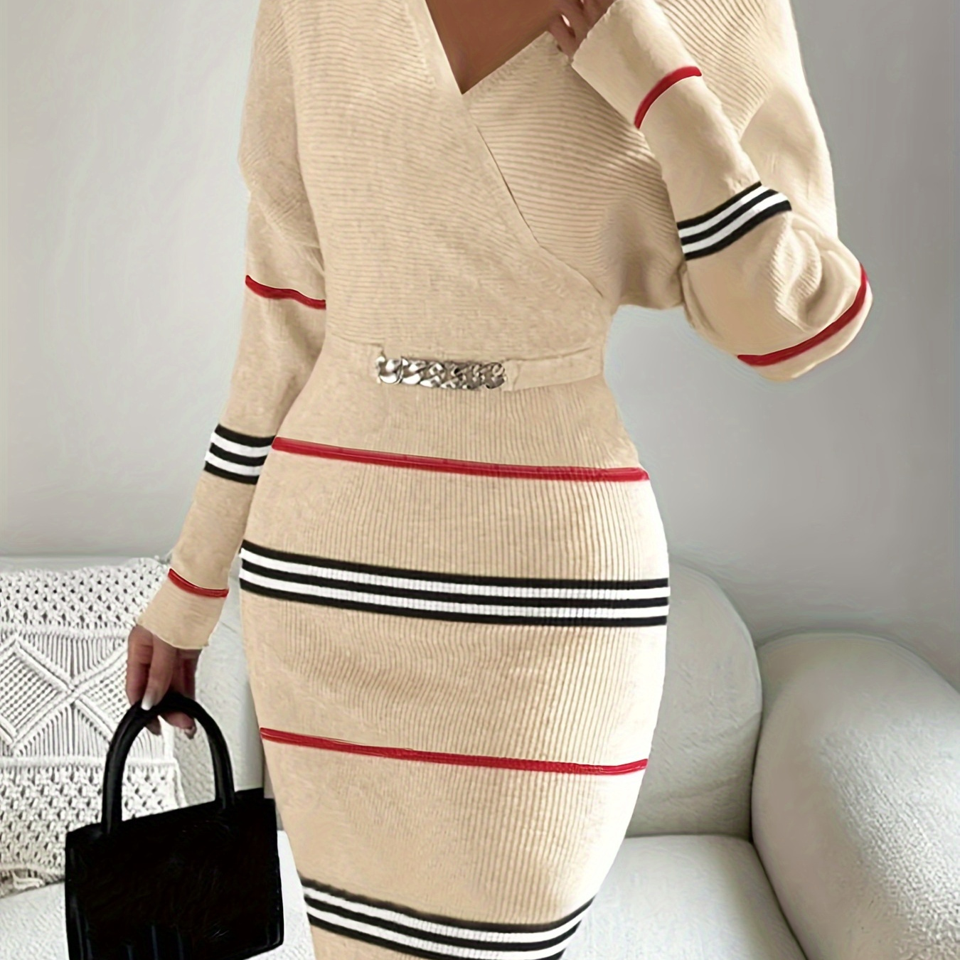 Striped Surplice Neck Knitted Dress, Elegant Long Sleeve Backless Chain Decor Bodycon Dress For Fall & Winter, Women's Clothing
Striped Surplice Neck Knitted Dress, Elegant Long Sleeve Backless Chain Decor Bodycon Dress For Fall & Winter, Women's Clothing
