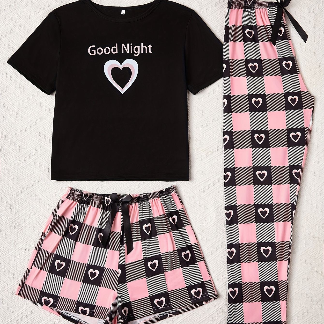 Print Slogan Pattern Black Short Sleeve Top + Love Shorts + And Love Long Pants With Bow Decoration Waistband 3pcs Pajama Casual Set
Print Slogan Pattern Black Short Sleeve Top + Love Shorts + And Love Long Pants With Bow Decoration Waistband 3pcs Pajama Casual Set