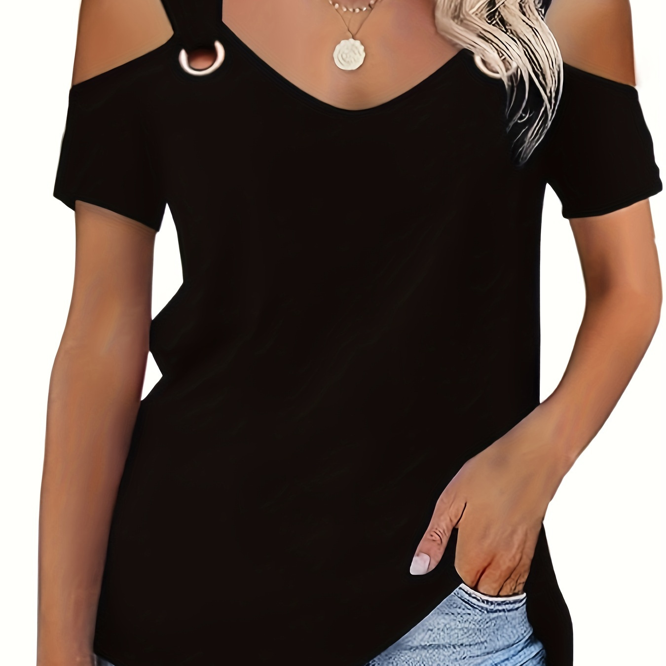 Cold Shoulder V-neck Solid T-shirt, Casual Ring Decor Simple T-shirt For Spring & Summer, Women's Clothing
Cold Shoulder V-neck Solid T-shirt, Casual Ring Decor Simple T-shirt For Spring & Summer, Women's Clothing