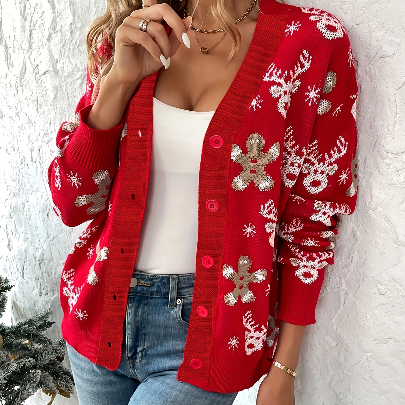 Elegant Christmas Pattern Cardigan Sweater For Women - V-neck, Long Sleeve, Medium Stretch, Knit Fabric, Button-down, Regular Length - 100% Acrylic
Elegant Christmas Pattern Cardigan Sweater For Women - V-neck, Long Sleeve, Medium Stretch, Knit Fabric, Button-down, Regular Length - 100% Acrylic