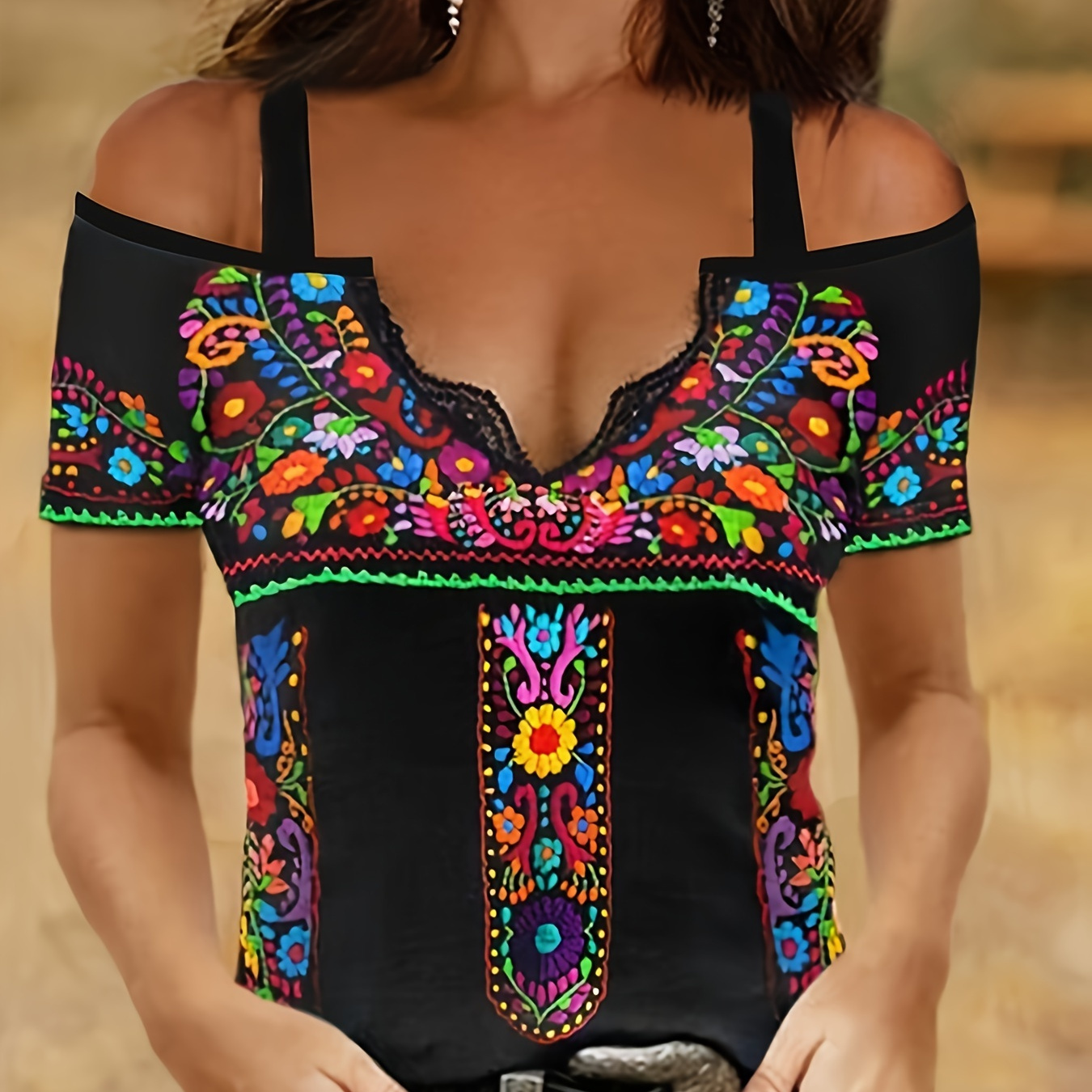 Ethnic Style Cold Shoulder T-shirt, Casual Short Sleeve Top For Spring & Summer, Women's Clothing
Ethnic Style Cold Shoulder T-shirt, Casual Short Sleeve Top For Spring & Summer, Women's Clothing