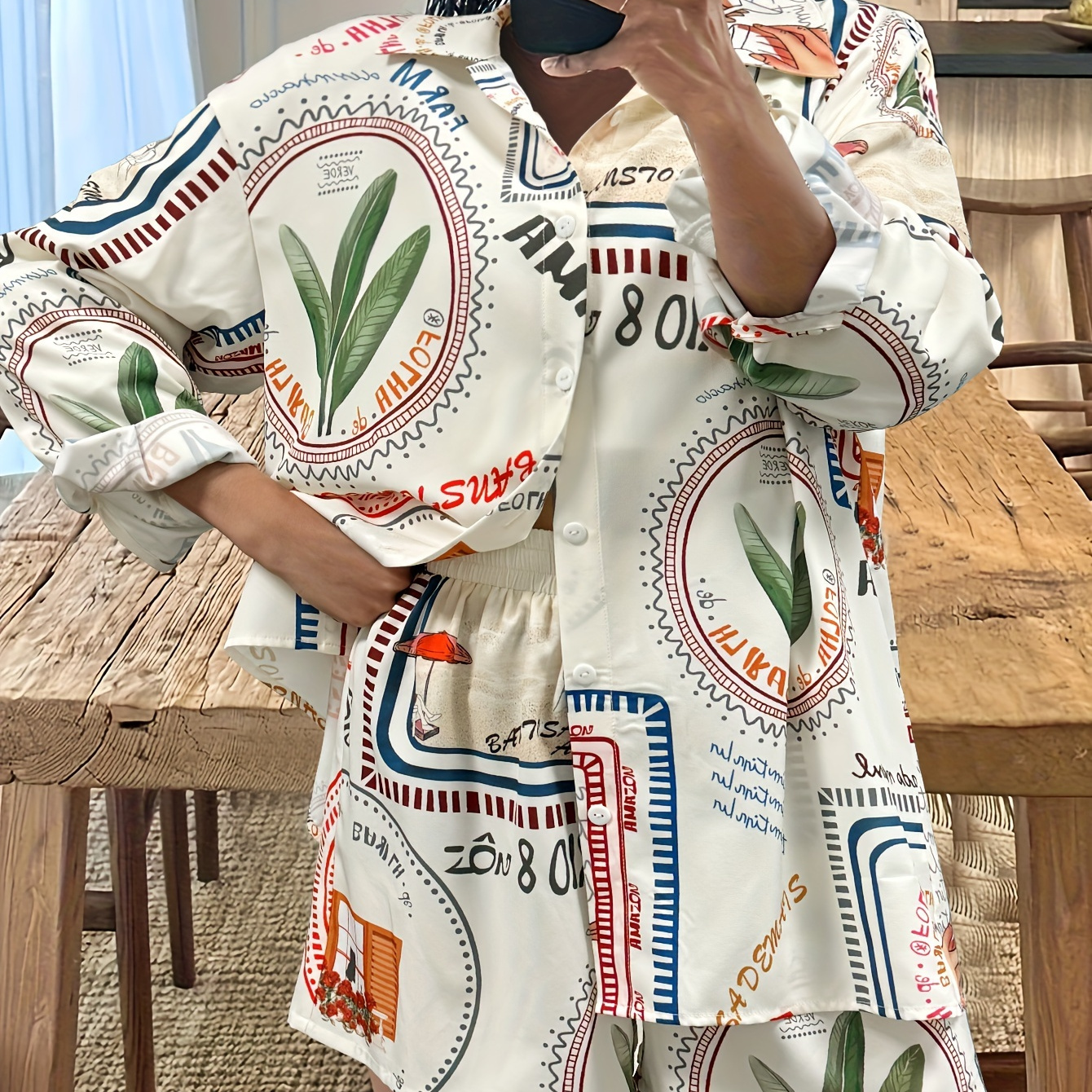 Stamp Print Elegant Shorts Set, Long Sleeve Button Up Lapel Collar Shirt & Elastic Waist Loose Shorts Outfits, Women's Clothing
Stamp Print Elegant Shorts Set, Long Sleeve Button Up Lapel Collar Shirt & Elastic Waist Loose Shorts Outfits, Women's Clothing