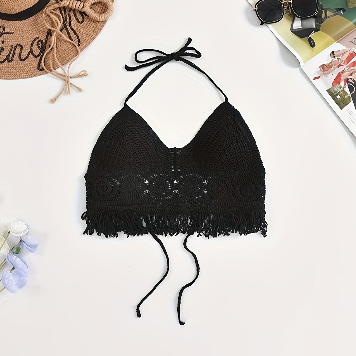 Bohemian-style Halter Bikini Top With Cups, Embroidered Backless Cami, Women's Hollow-out Swimwear, Top
Bohemian-style Halter Bikini Top With Cups, Embroidered Backless Cami, Women's Hollow-out Swimwear, Top