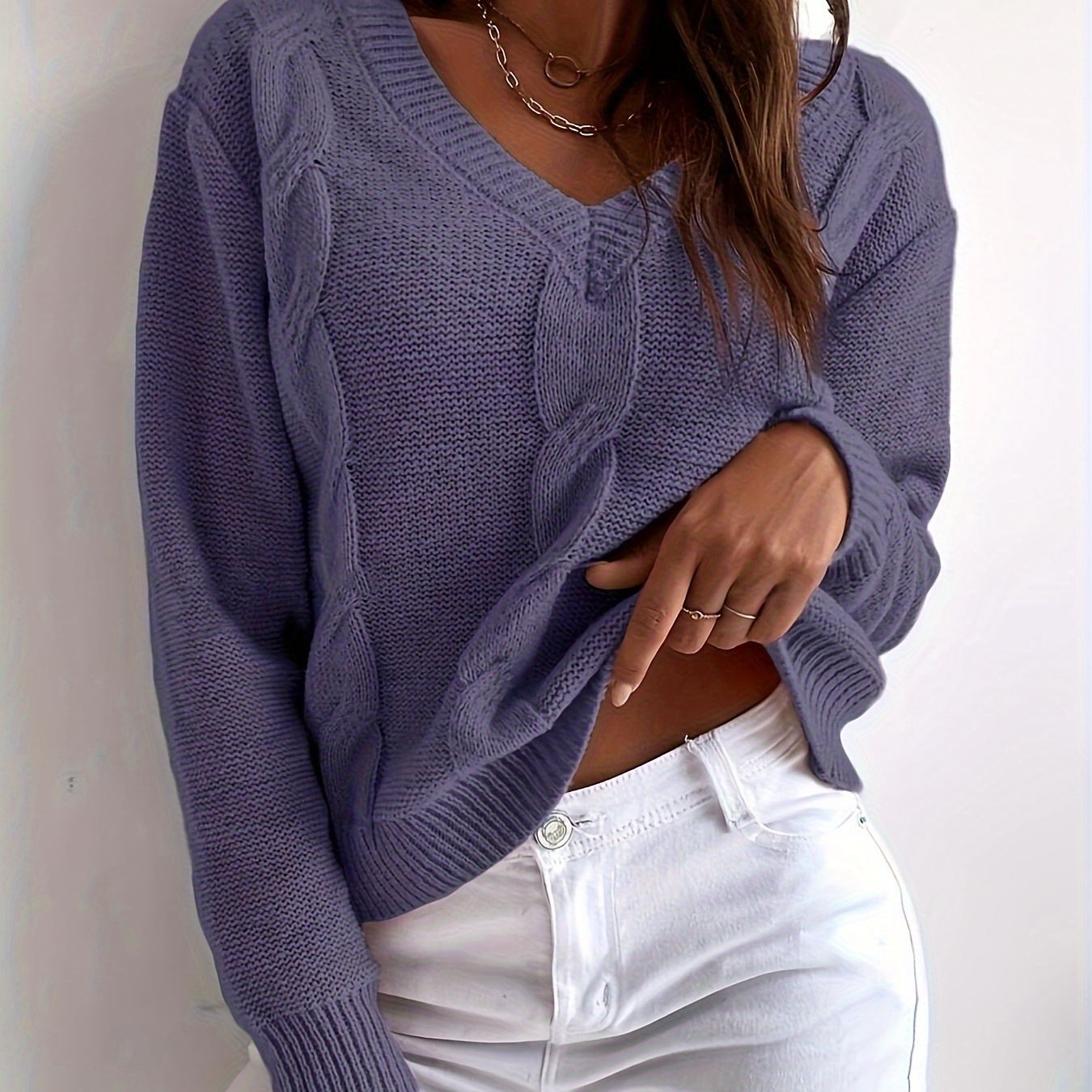 Cable Knit V Neck Sweater, Elegant Solid Color Long Sleeve Sweater For Fall & Winter, Women's Clothing
Cable Knit V Neck Sweater, Elegant Solid Color Long Sleeve Sweater For Fall & Winter, Women's Clothing