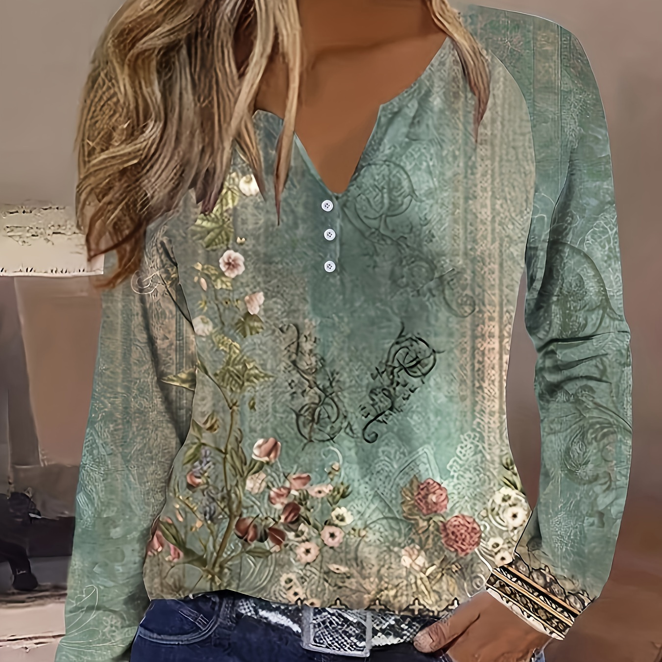 Floral Print Button Front Notch Neck T-shirt, Casual Long Sleeve Top For Spring & Fall, Women's Clothing
Floral Print Button Front Notch Neck T-shirt, Casual Long Sleeve Top For Spring & Fall, Women's Clothing