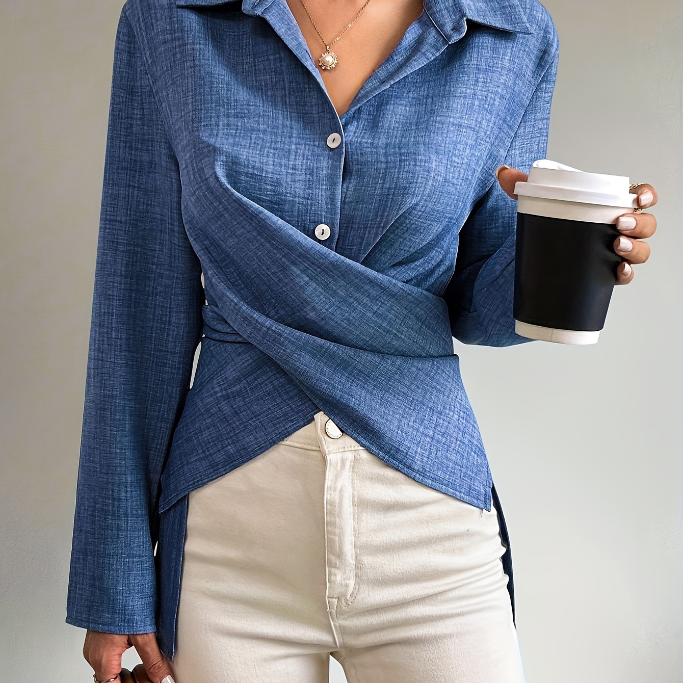 Women's Casual Wrap Tie Front Long Sleeve Shirt - 100% Polyester Lapel Collar Solid Color Blouse With Button Details, Woven Fabric For Fall/winter
Women's Casual Wrap Tie Front Long Sleeve Shirt - 100% Polyester Lapel Collar Solid Color Blouse With Button Details, Woven Fabric For Fall/winter