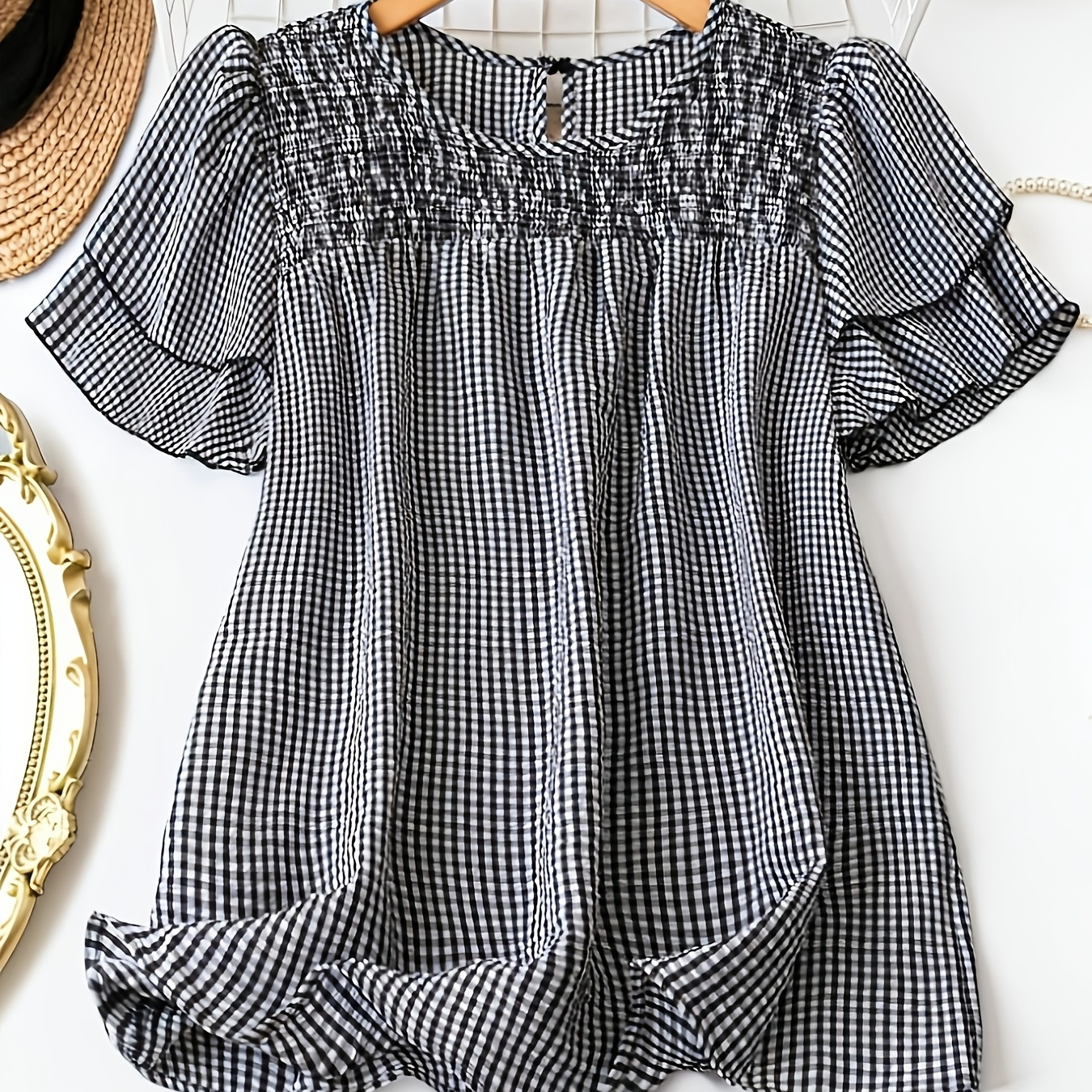 Size Print Blouse For Women, Polyester 100%, Crew Neck, Short Sleeve, Non-stretch Woven Fabric, Summer Shirting Top, , Loose Fit, , Round Neck
Size Print Blouse For Women, Polyester 100%, Crew Neck, Short Sleeve, Non-stretch Woven Fabric, Summer Shirting Top, , Loose Fit, , Round Neck