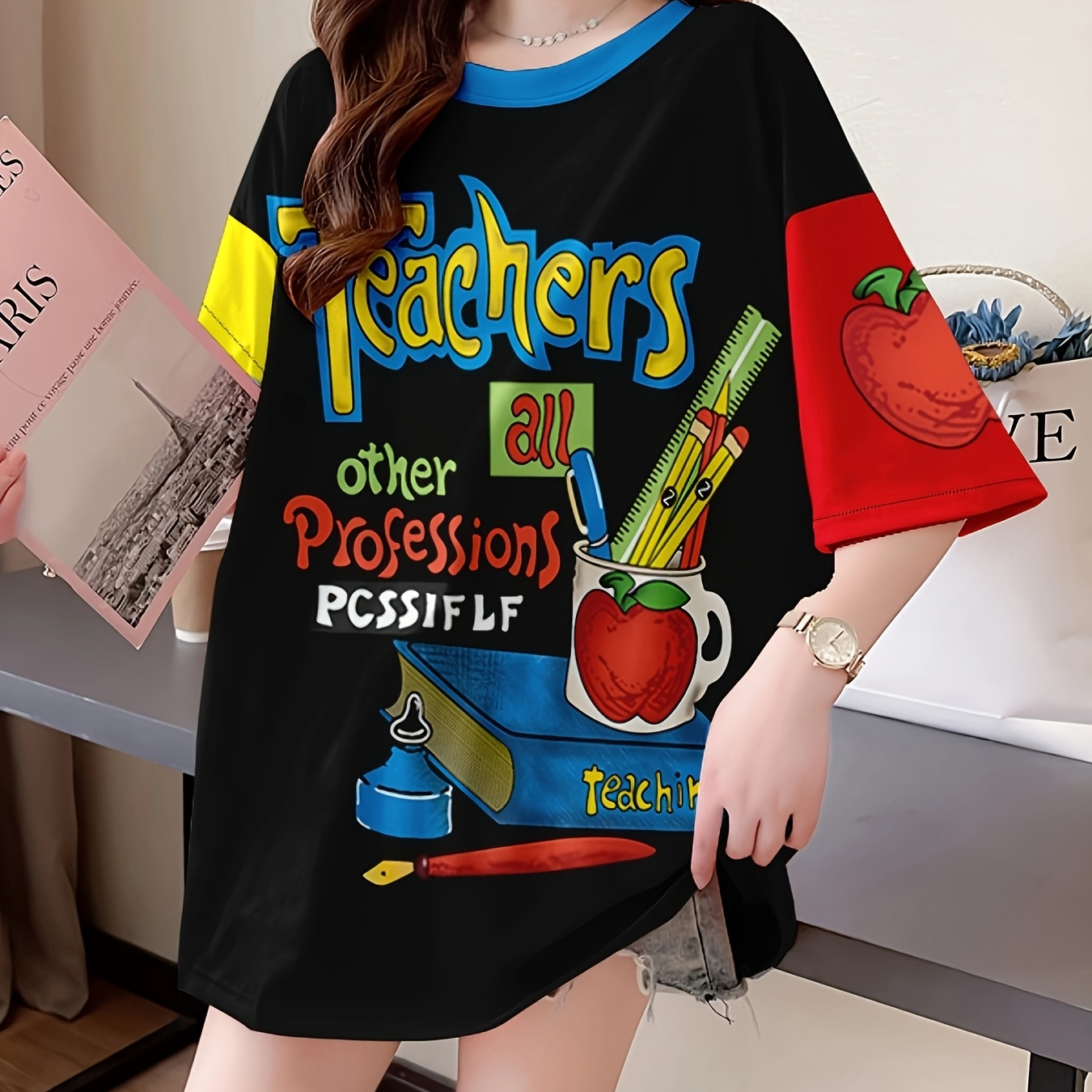 Oversized Cartoon Print T-shirt For Women - Casual Crew Neck, Short Sleeve, Knit Polyester , Medium Stretch, Regular Sleeve, Long Length - Spring/summer/fall Fashion Top
Oversized Cartoon Print T-shirt For Women - Casual Crew Neck, Short Sleeve, Knit Polyester , Medium Stretch, Regular Sleeve, Long Length - Spring/summer/fall Fashion Top