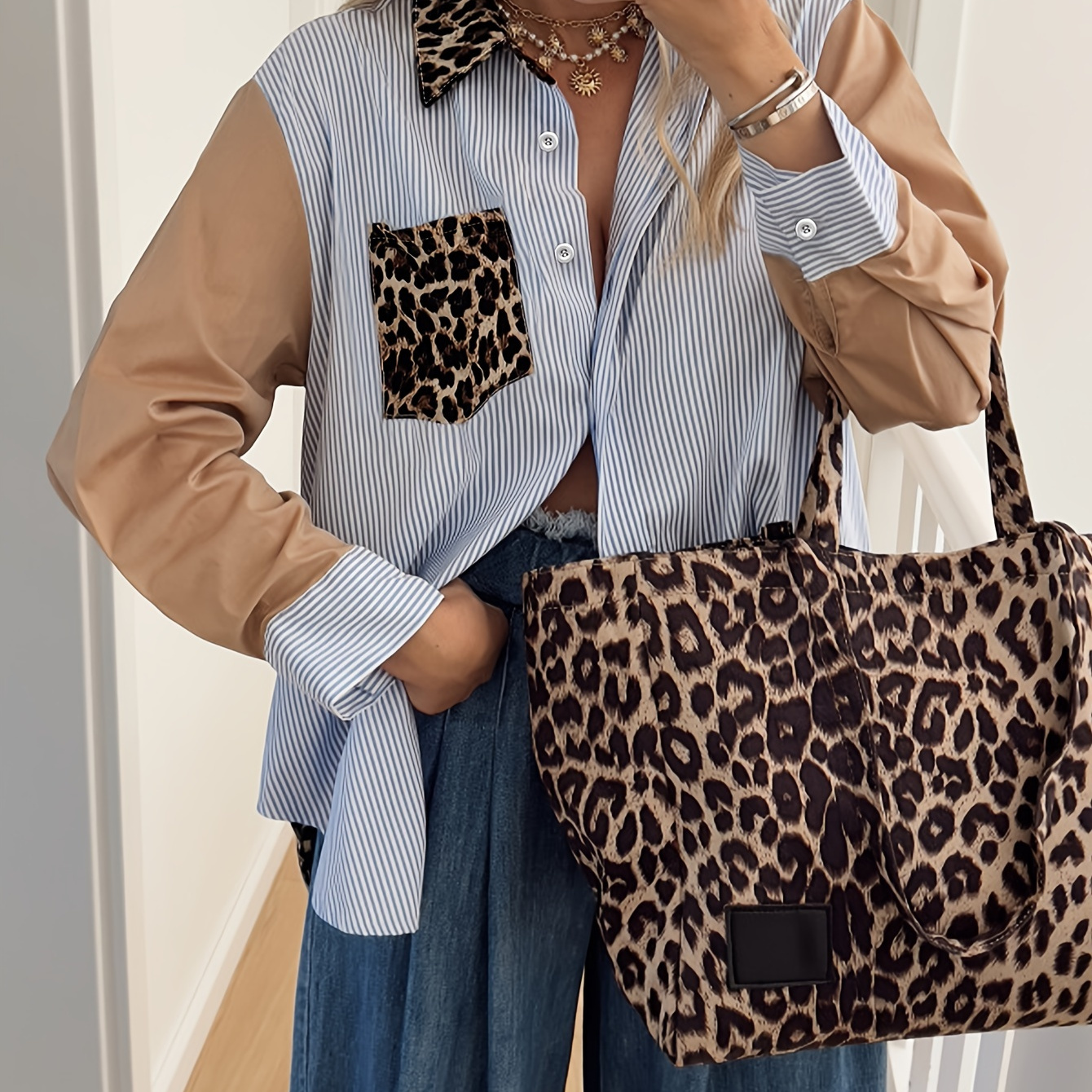 Women' Leopard Print & Striped Long Sleeve Button-up Shirt - Casual Polyester , & Black Design, Spring, Summer & Fall
Women' Leopard Print & Striped Long Sleeve Button-up Shirt - Casual Polyester , & Black Design, Spring, Summer & Fall
