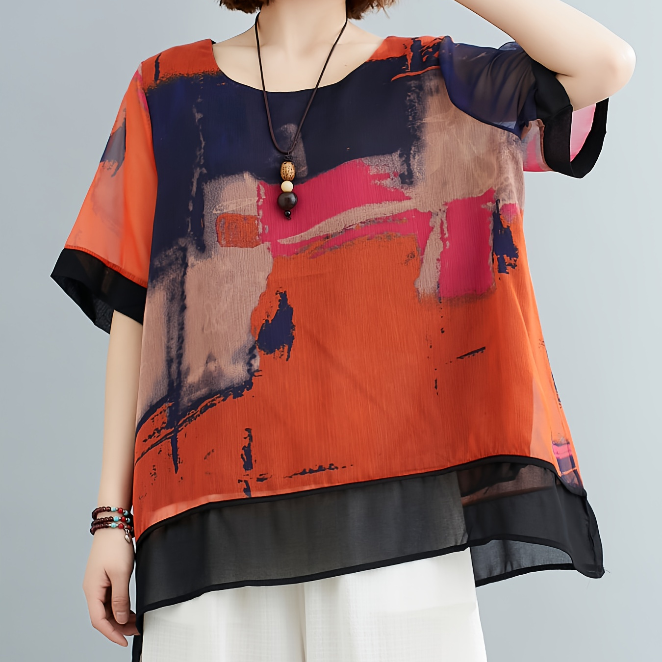 Color Block Short Sleeve Blouse, Elegant Crew Neck Loose Blouse For Spring & Summer, Women's Clothing
Color Block Short Sleeve Blouse, Elegant Crew Neck Loose Blouse For Spring & Summer, Women's Clothing