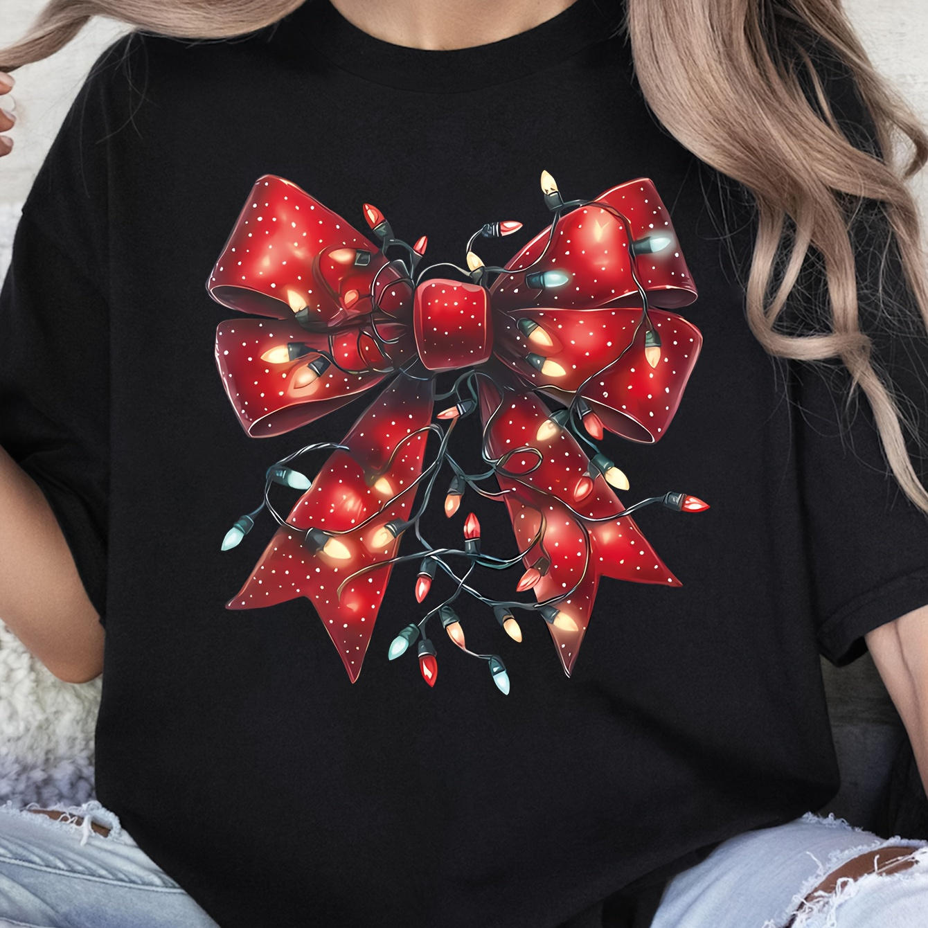 Plus Size Bow Print T-shirt, Casual Crew Neck Short Sleeve Top For Spring & Summer, Women's Plus Size Clothing
Plus Size Bow Print T-shirt, Casual Crew Neck Short Sleeve Top For Spring & Summer, Women's Plus Size Clothing