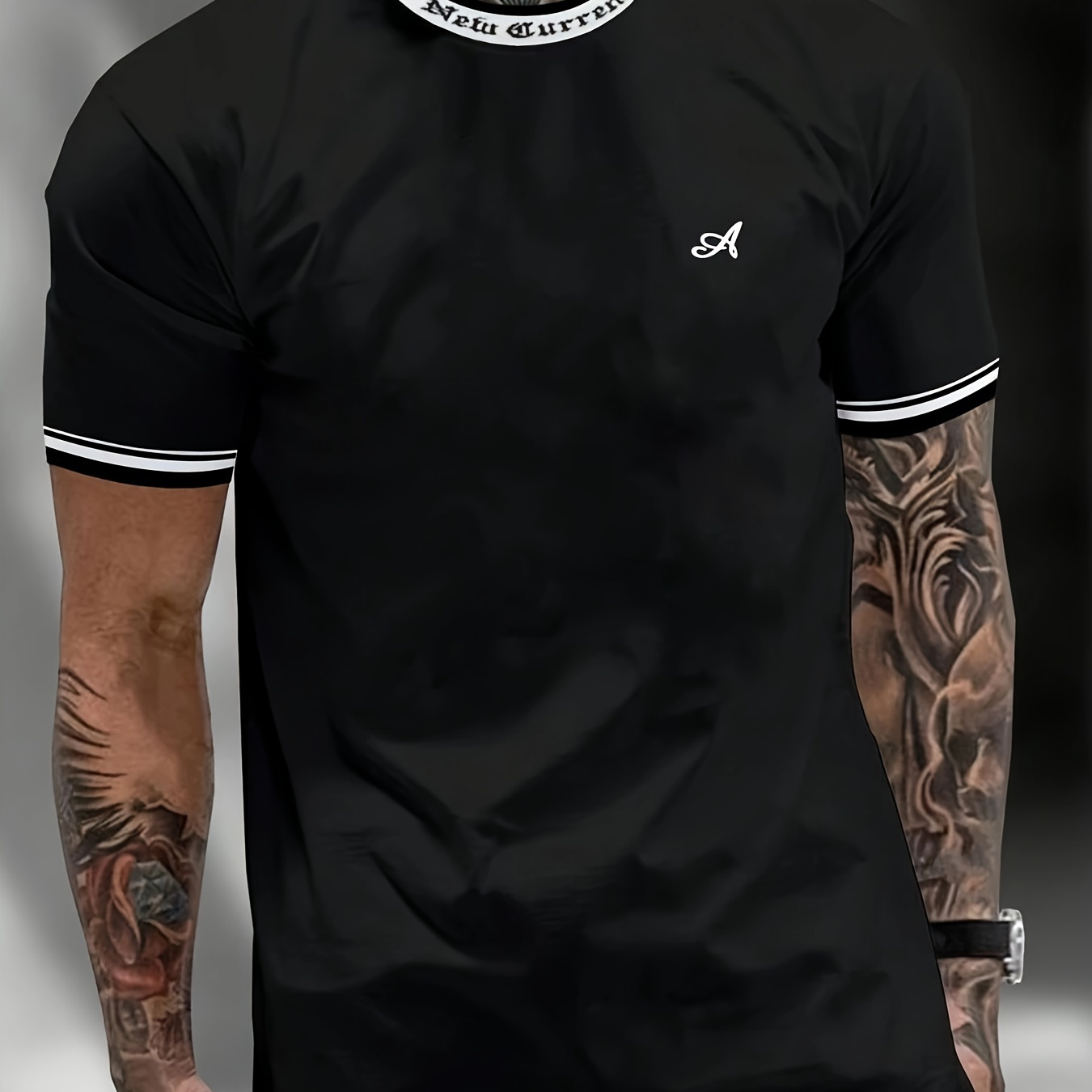Men's Contrast Color Stripe Pattern And Letter A Print T-shirt, Crew Neck And Short Sleeve Tees, Chic And Trendy Tops For Summer Street Wear
Men's Contrast Color Stripe Pattern And Letter A Print T-shirt, Crew Neck And Short Sleeve Tees, Chic And Trendy Tops For Summer Street Wear