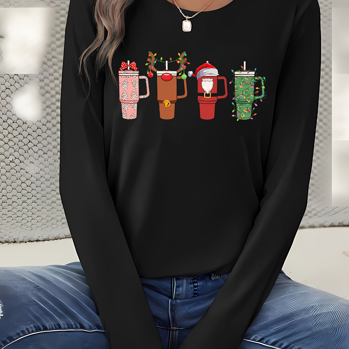 Women's Christmas Coffee-themed Long Sleeve T-shirt - Casual Crew Neck, Soft Polyester , Machine Washable, Christmas
Women's Christmas Coffee-themed Long Sleeve T-shirt - Casual Crew Neck, Soft Polyester , Machine Washable, Christmas