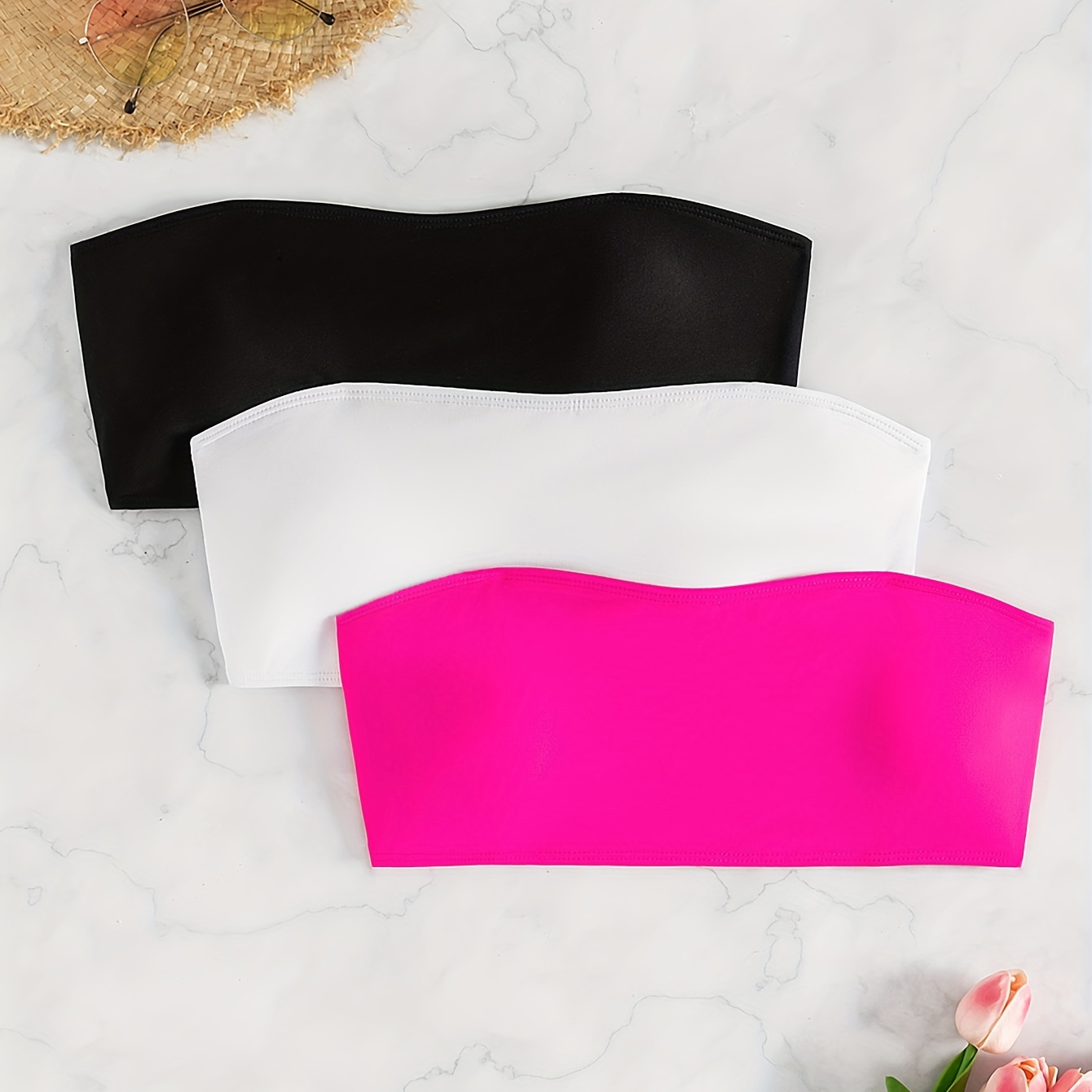 3pcs, Women's Bikini Top Swimwear Set, Trendy Bandeau Top, Solid Black, White & Magenta Color, Summer Beachwear, Poolside Fashion
3pcs, Women's Bikini Top Swimwear Set, Trendy Bandeau Top, Solid Black, White & Magenta Color, Summer Beachwear, Poolside Fashion