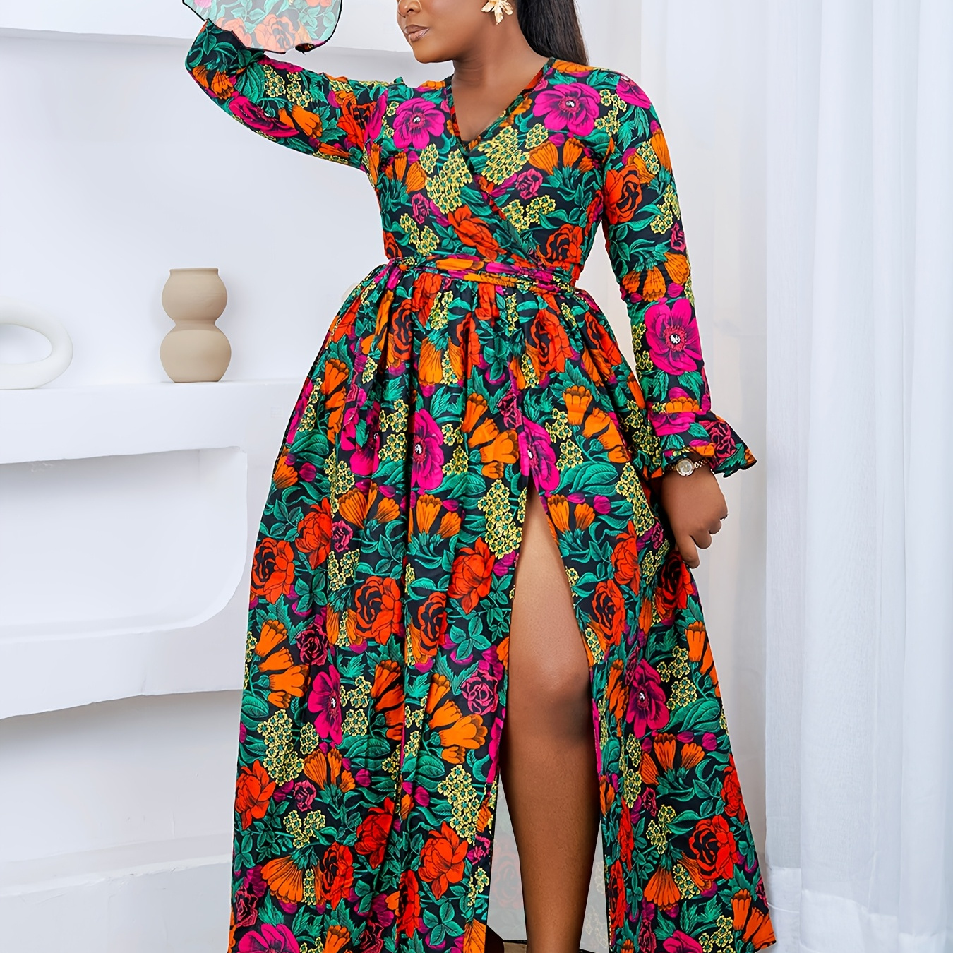 Women's Floral V-neck Dress - Casual Long Sleeve With Side Slit, Machine Washable Polyester, Fashion
Women's Floral V-neck Dress - Casual Long Sleeve With Side Slit, Machine Washable Polyester, Fashion