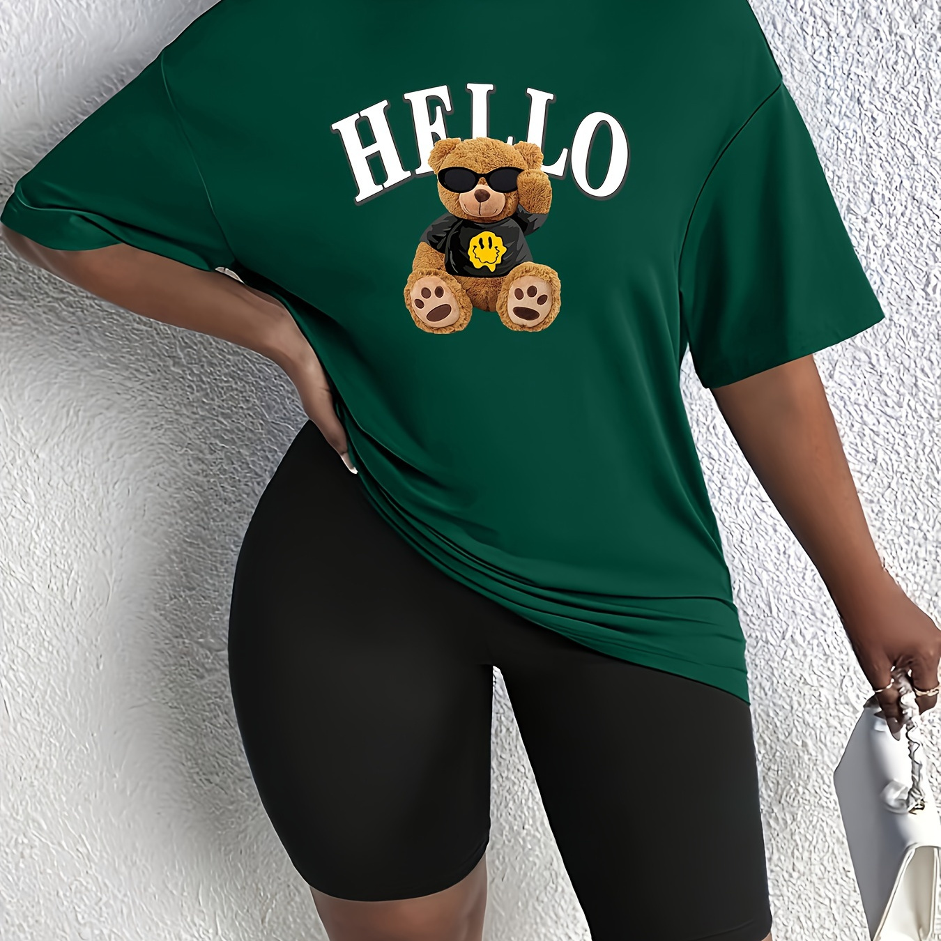 Hello & Bear Print Two-piece Set, Casual Short Sleeve T-shirt & Skinny Shorts Outfits, Women's Clothing
Hello & Bear Print Two-piece Set, Casual Short Sleeve T-shirt & Skinny Shorts Outfits, Women's Clothing