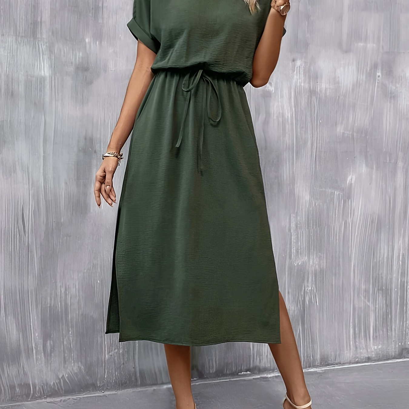 Tie Waist Crew Neck Dress, Elegant Short Sleeve Split Dress For Spring & Summer, Women's Clothing
Tie Waist Crew Neck Dress, Elegant Short Sleeve Split Dress For Spring & Summer, Women's Clothing
